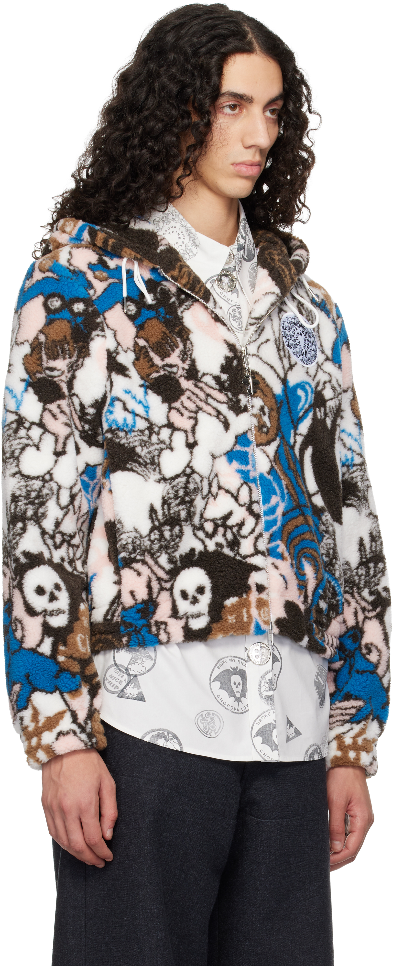 Chopova Lowena White Engine Party Fitted Hooded Fleece Jacket In Multi