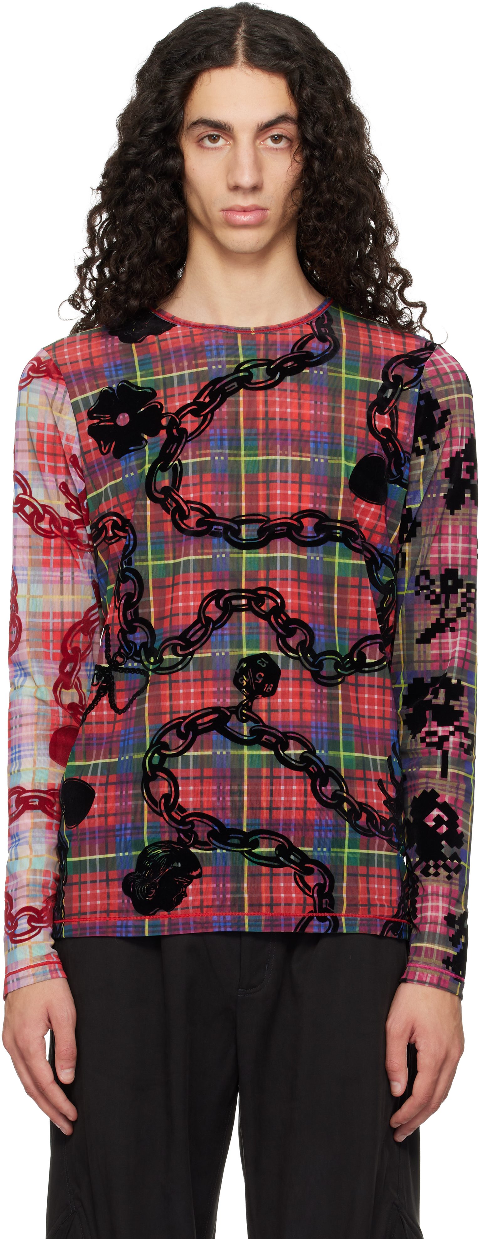 Chopova Lowenaのレッド Lady Chain Flocked Mesh Tシャツがセール中