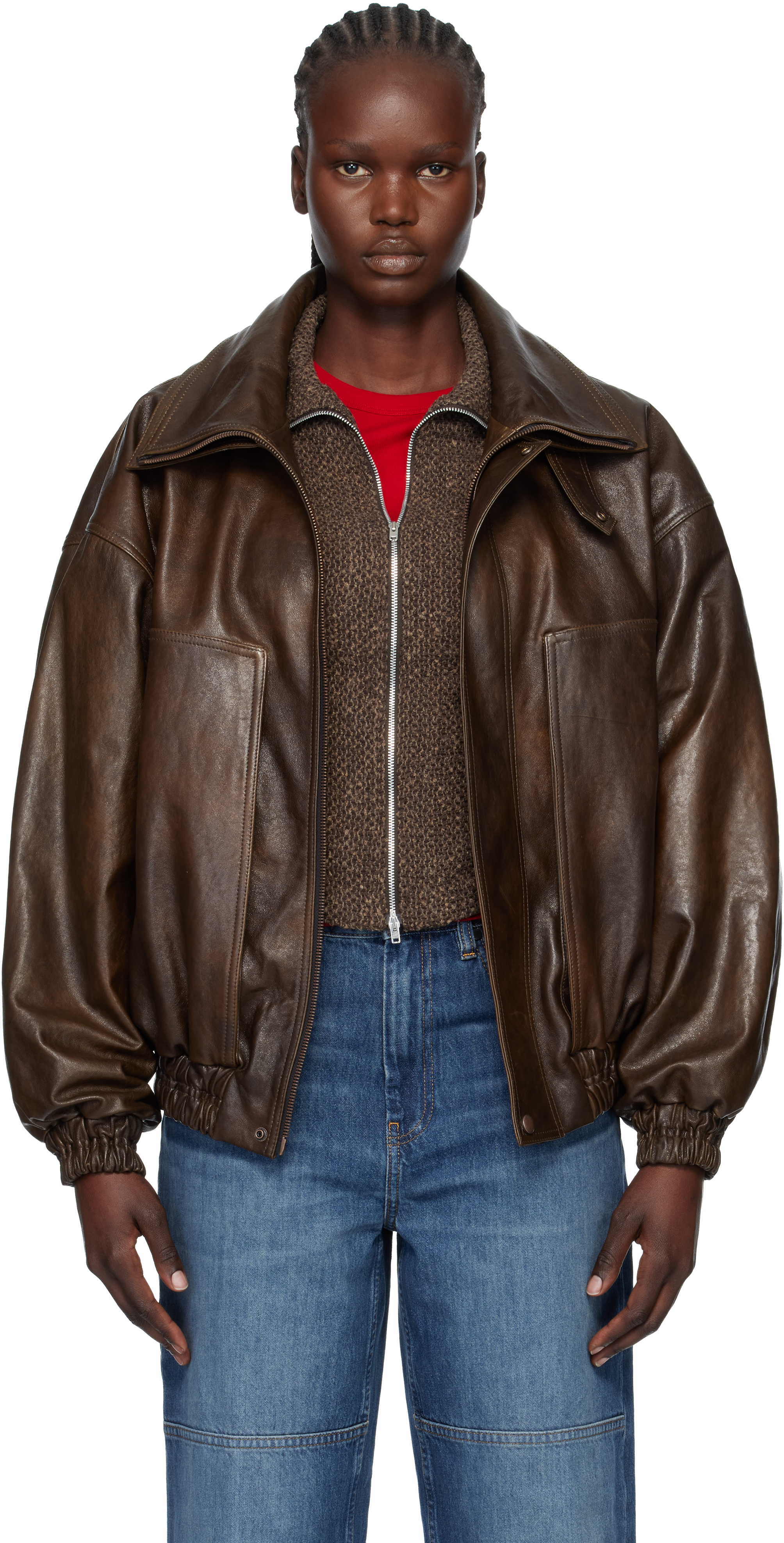 Magda Butrym Brown Snap-collar Aviator Leather Jacket In Multi