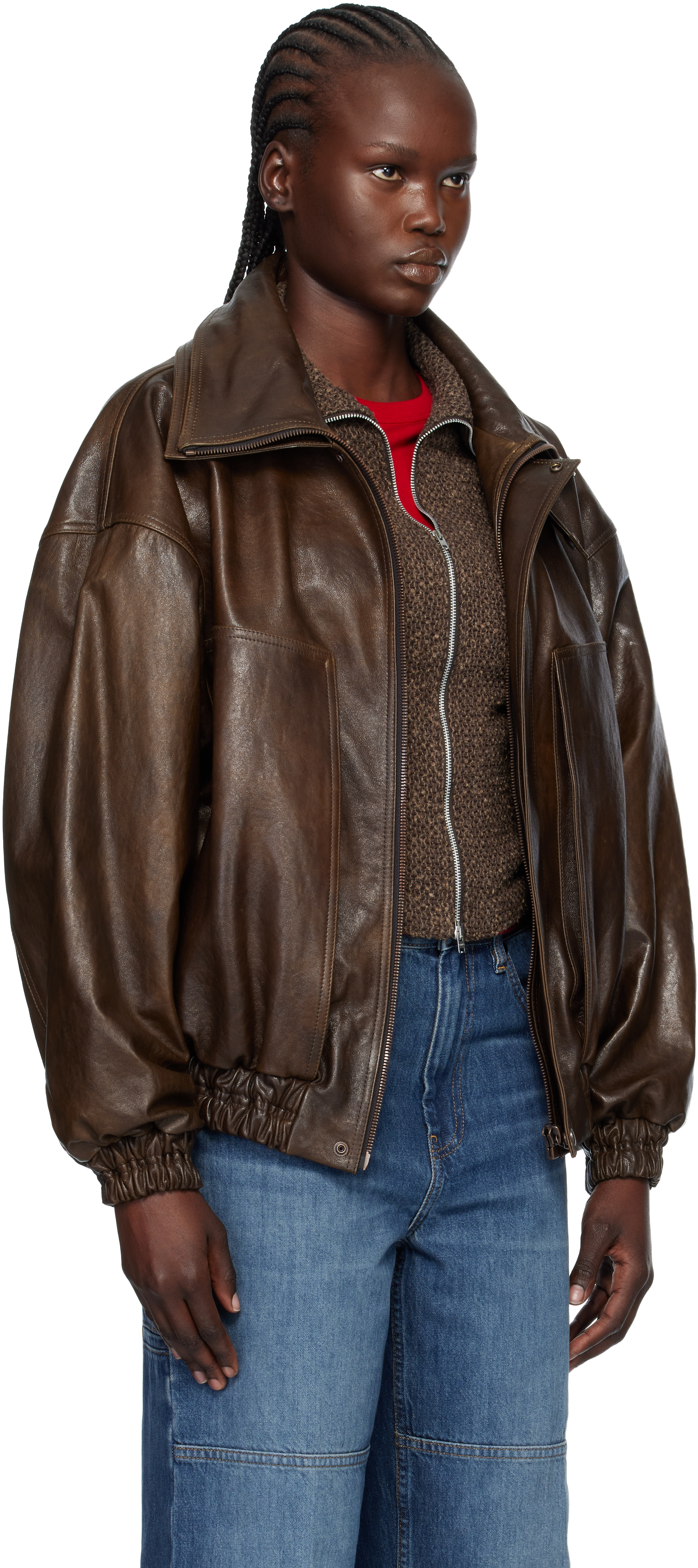 Magda Butrym Brown Snap-collar Aviator Leather Jacket In Multi