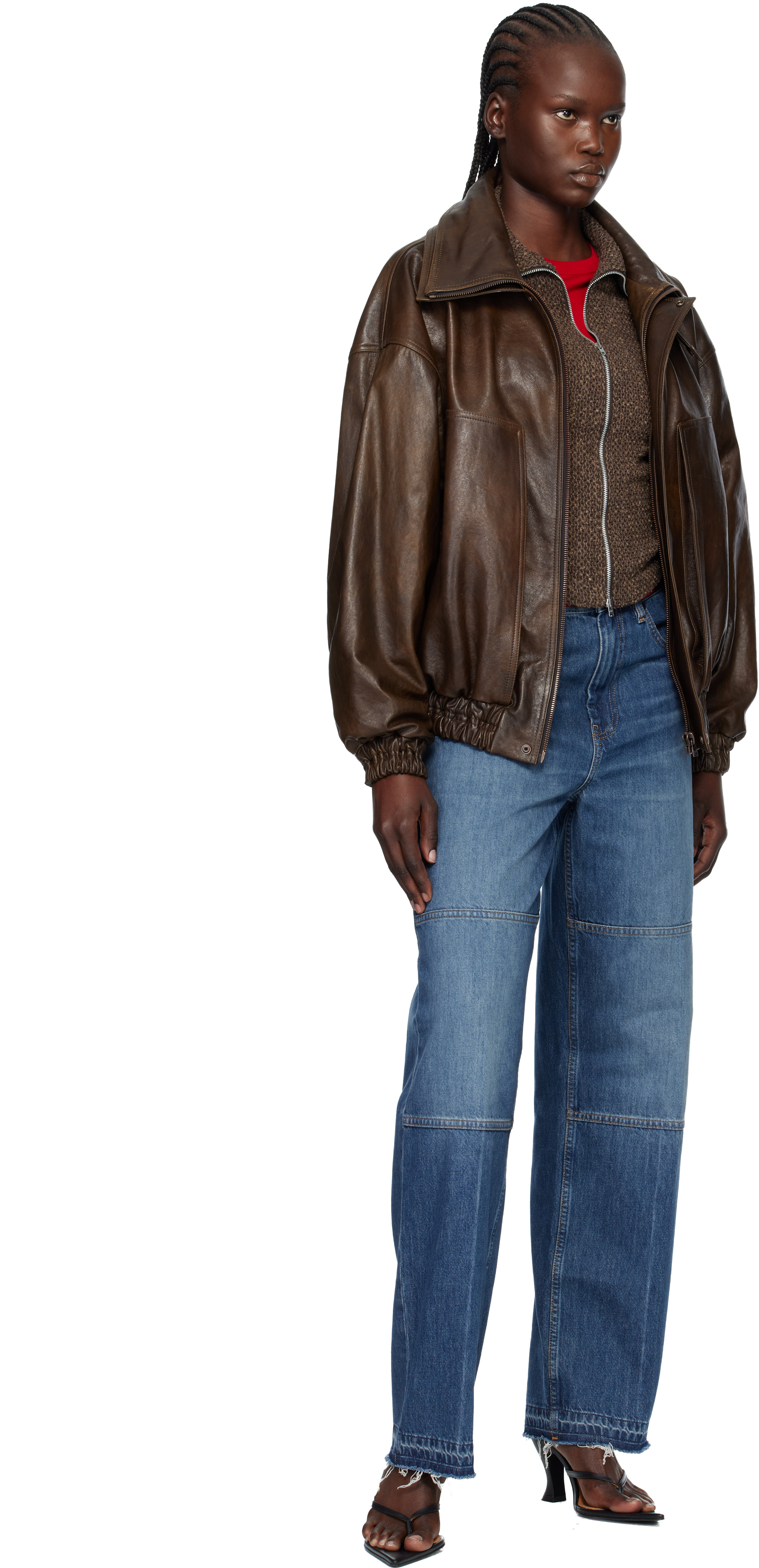 Magda Butrym Brown Snap-collar Aviator Leather Jacket In Multi