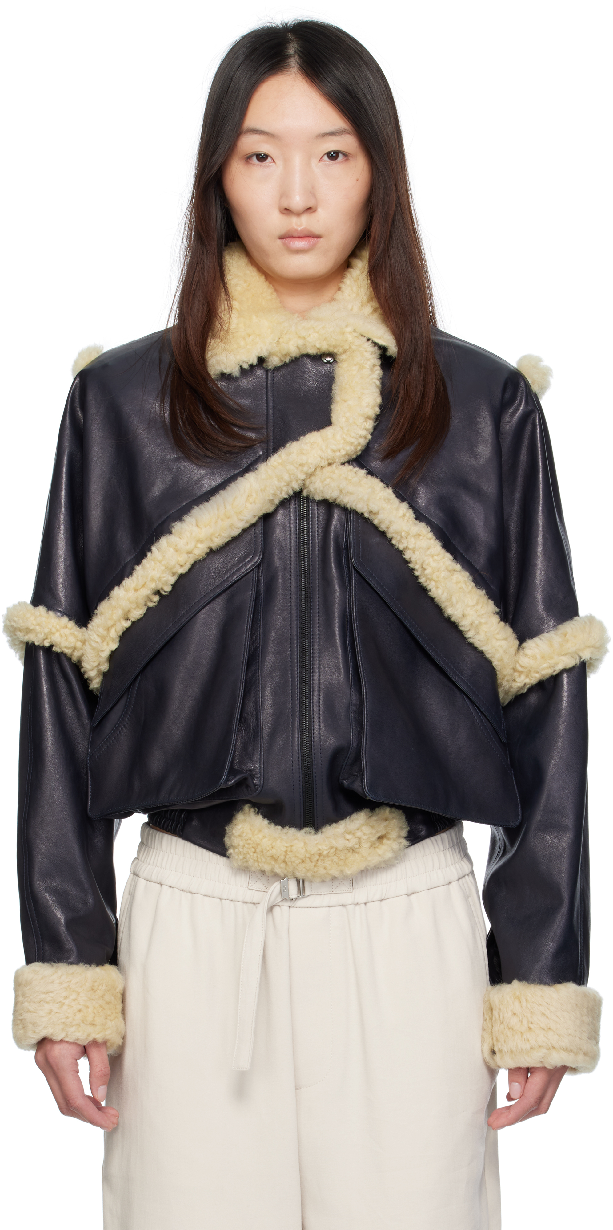 Navy Shearling Leather Bomber Jacket