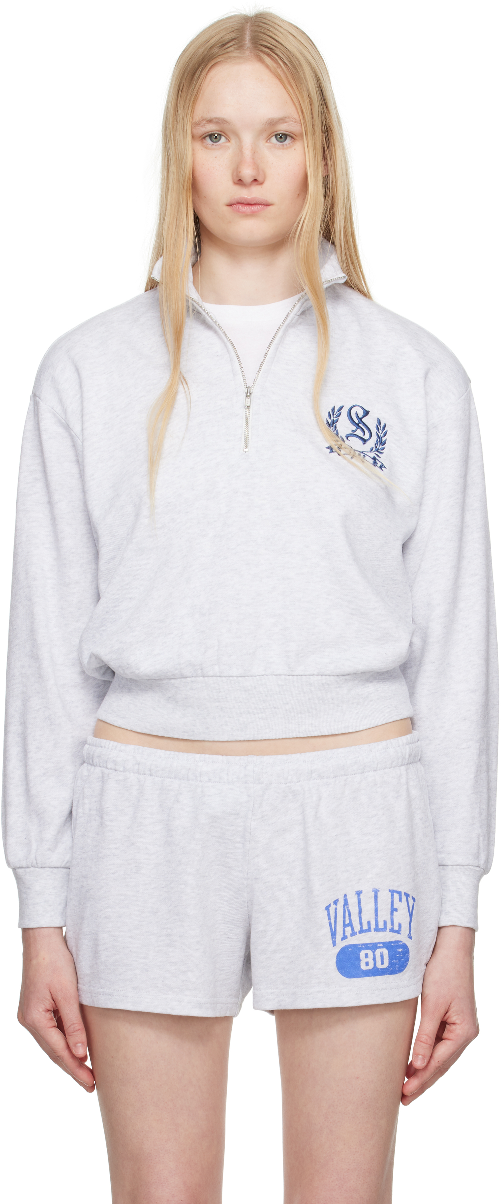 Skims Gray Lightweight Fleece Shrunken Quarter Zip Sweatshirt