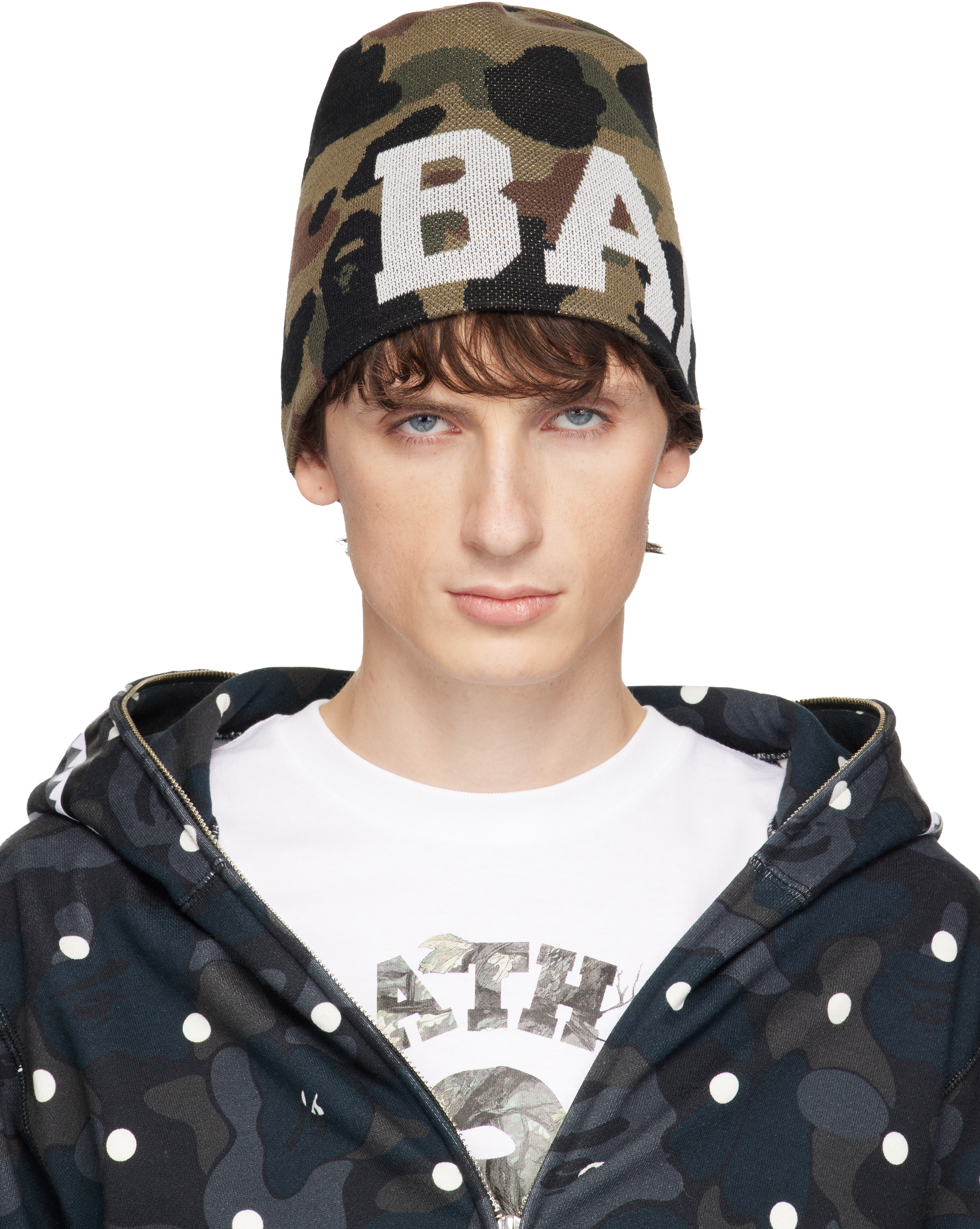 BAPE: Khaki 1st Camo Knit Beanie | SSENSE Canada