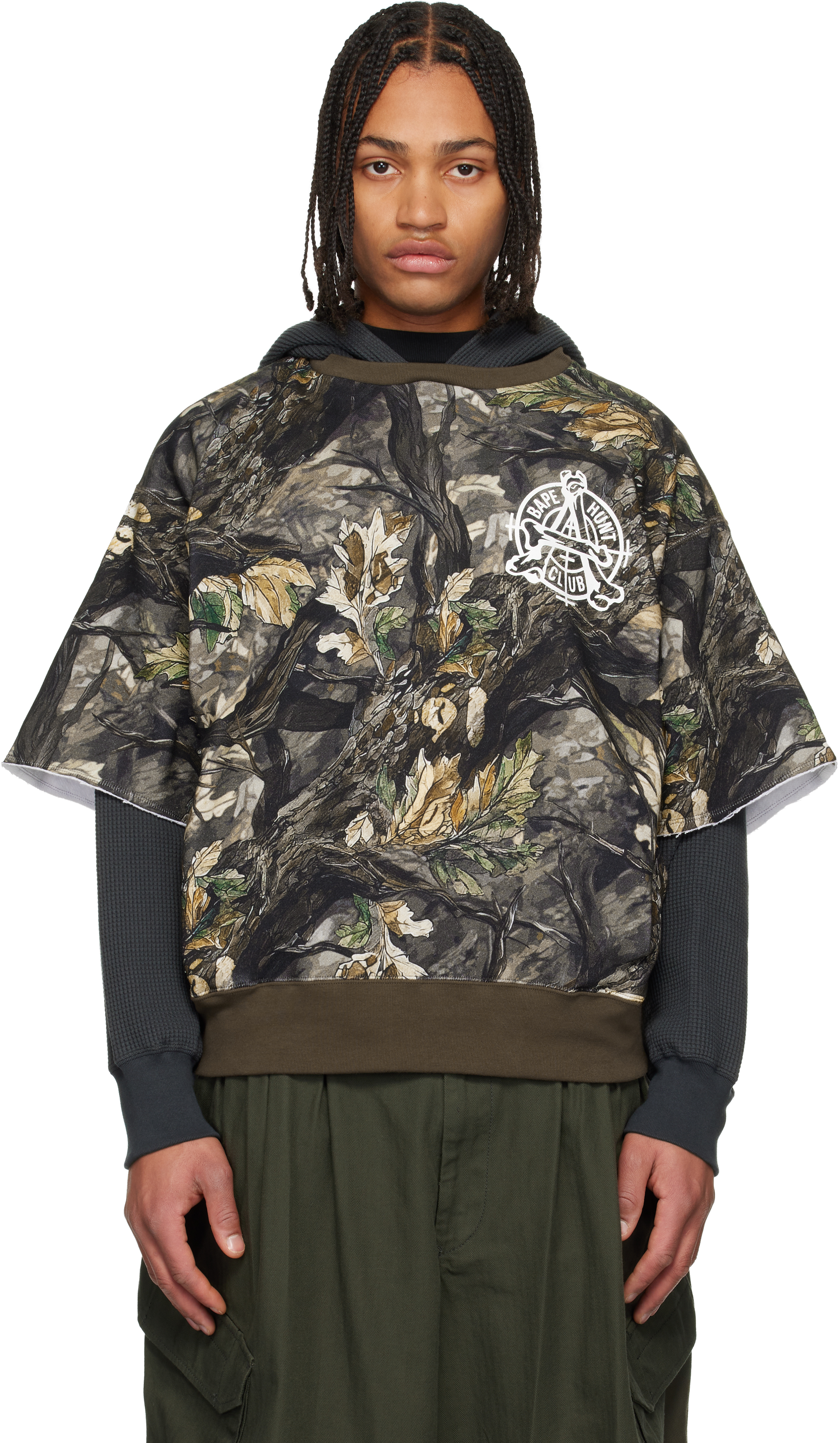 Bape Khaki Tree Edge Camo Layered Pullover Hoodie In Brown