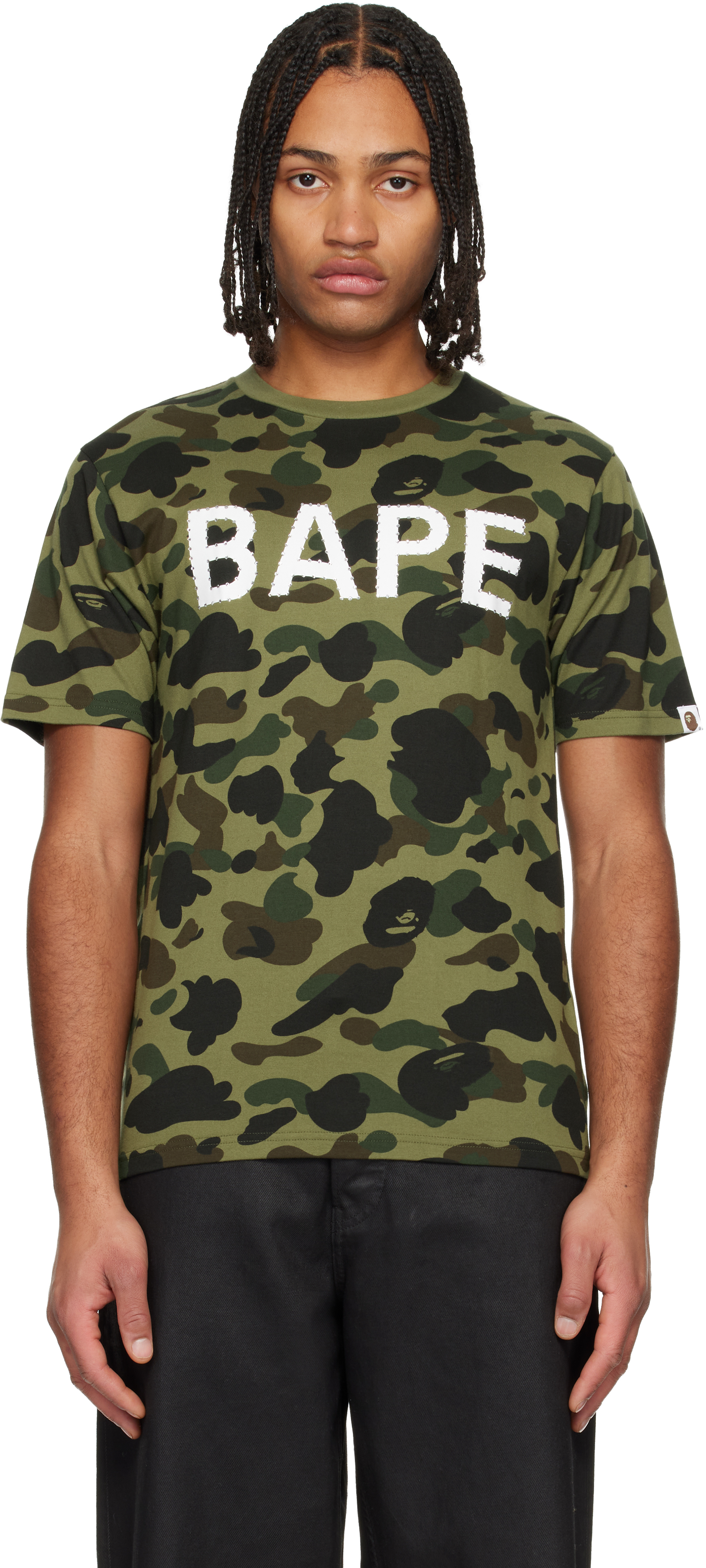Green 1st Camo Rhinestone Logo T-Shirt by BAPE on Sale, image size:1785x3960