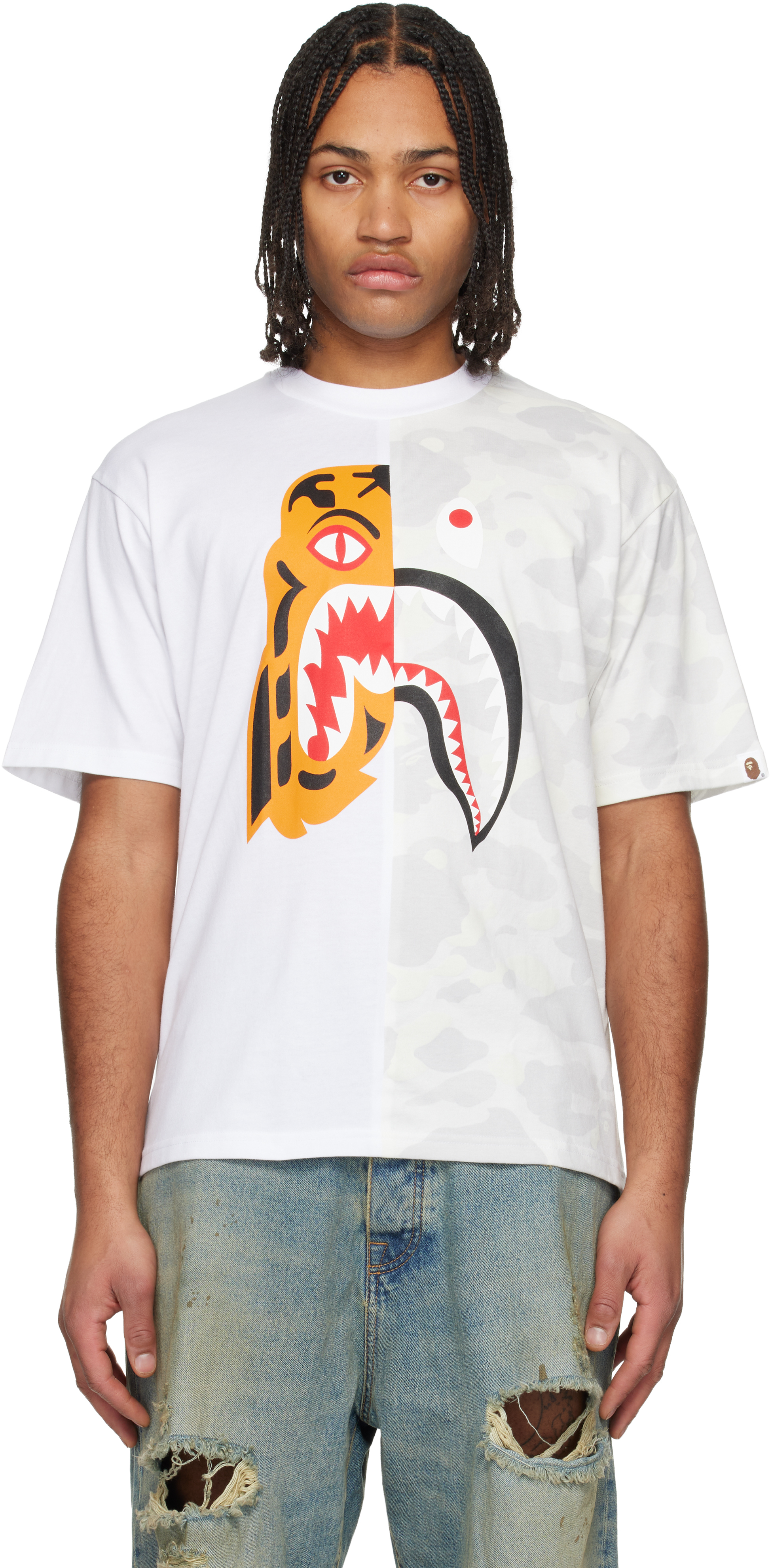 BAPE: White City Camo Tiger Shark Relaxed Fit T-shirt | SSENSE
