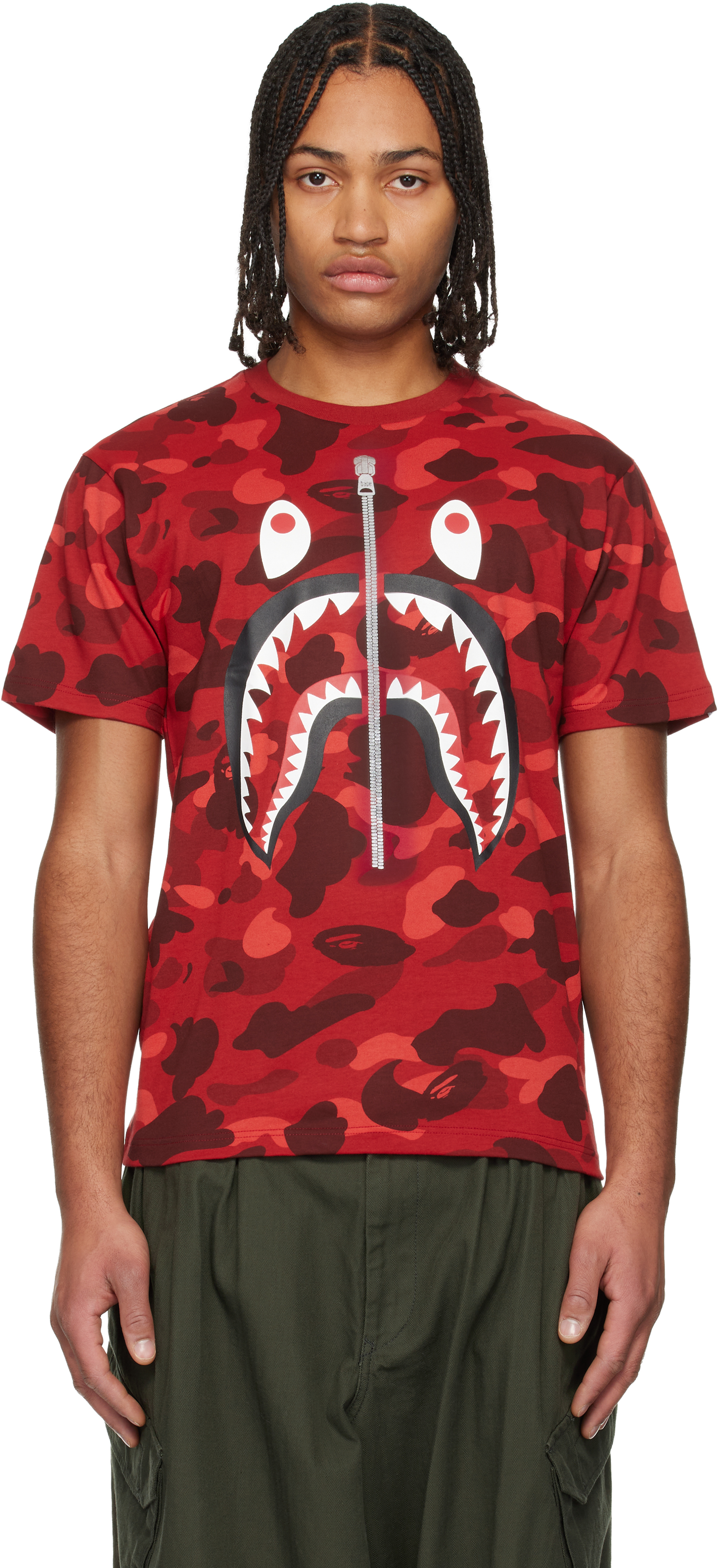 BAPE: Red Color Camo Shark T-shirt | SSENSE
