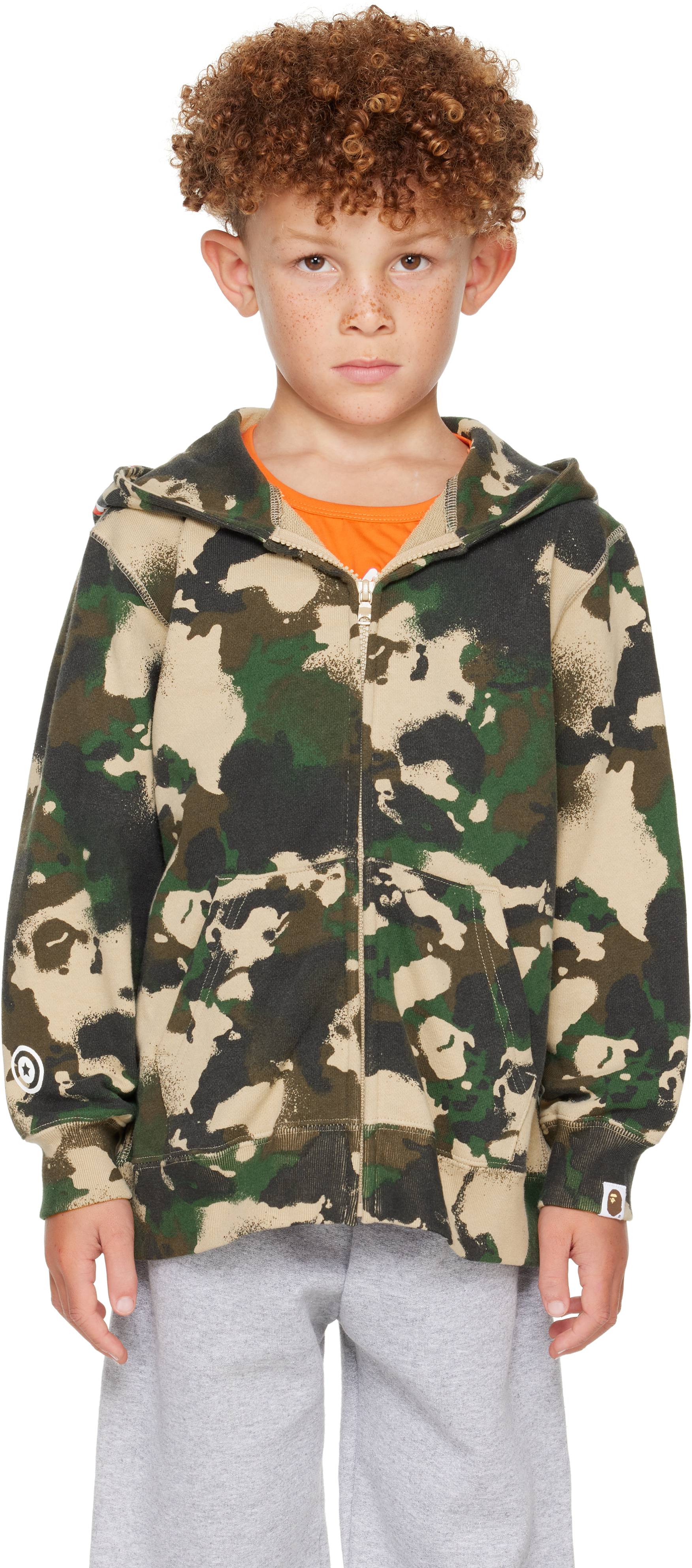 Bape Kids Khaki Map Camo Shark Zip Hoodie In Green