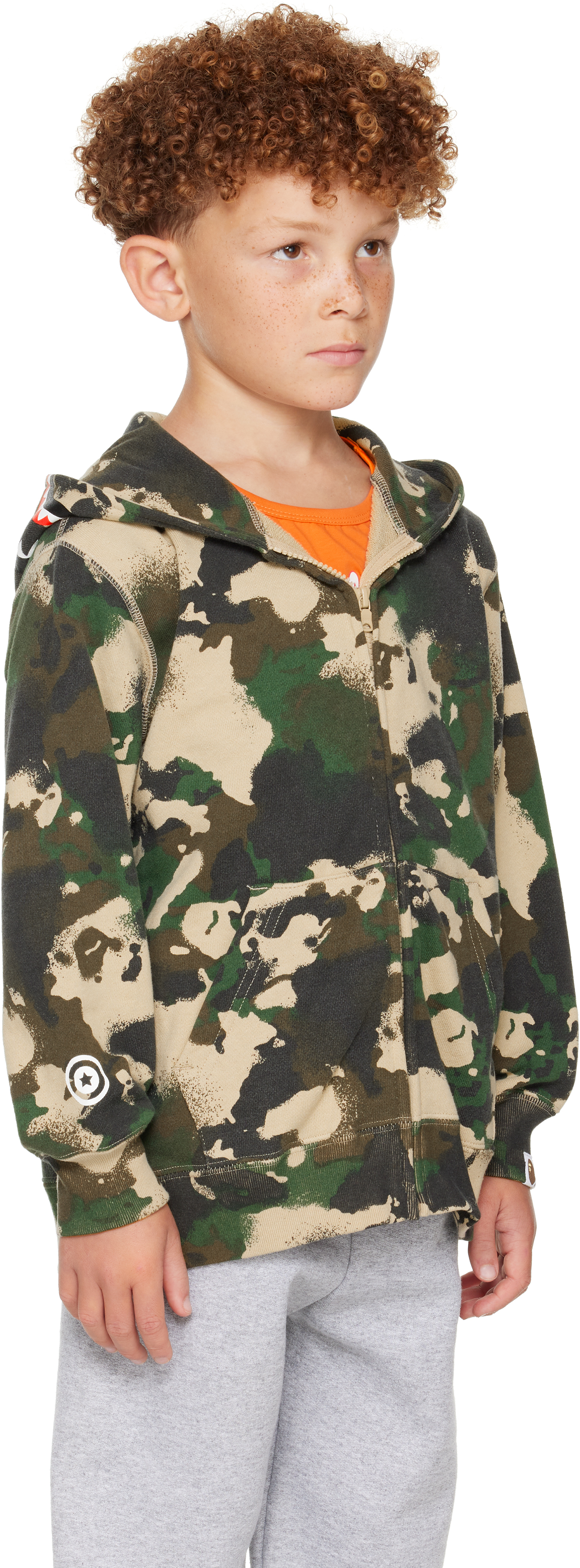 Bape Kids Khaki Map Camo Shark Zip Hoodie In Green