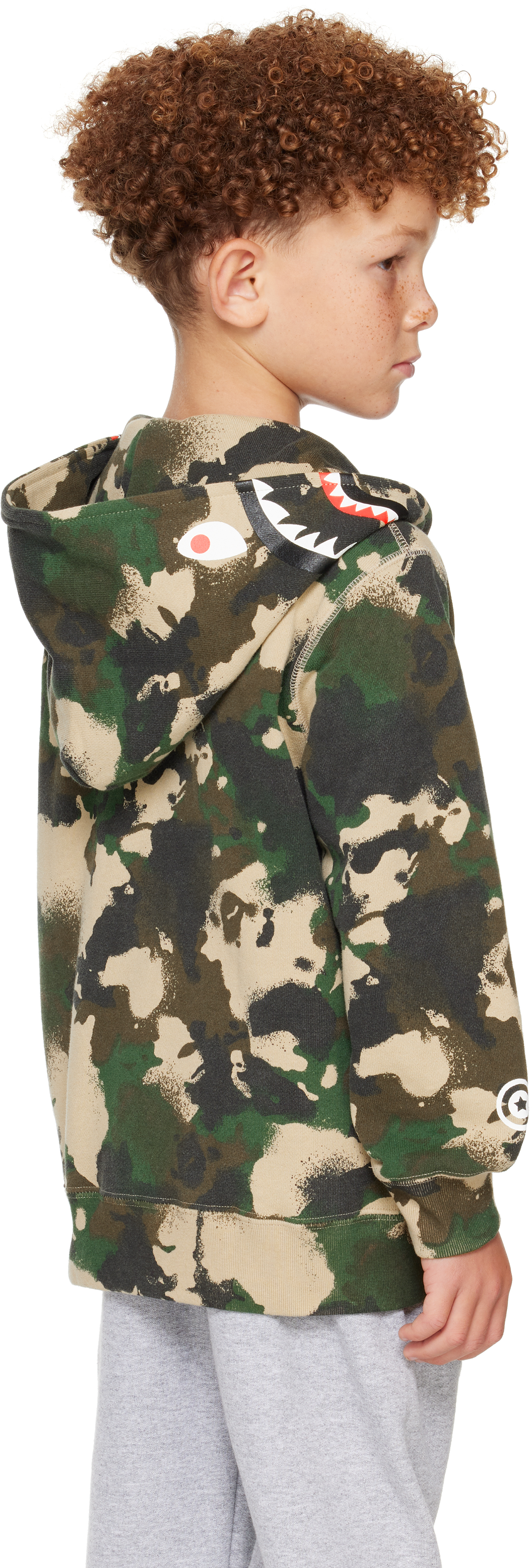 Bape Kids Khaki Map Camo Shark Zip Hoodie In Green