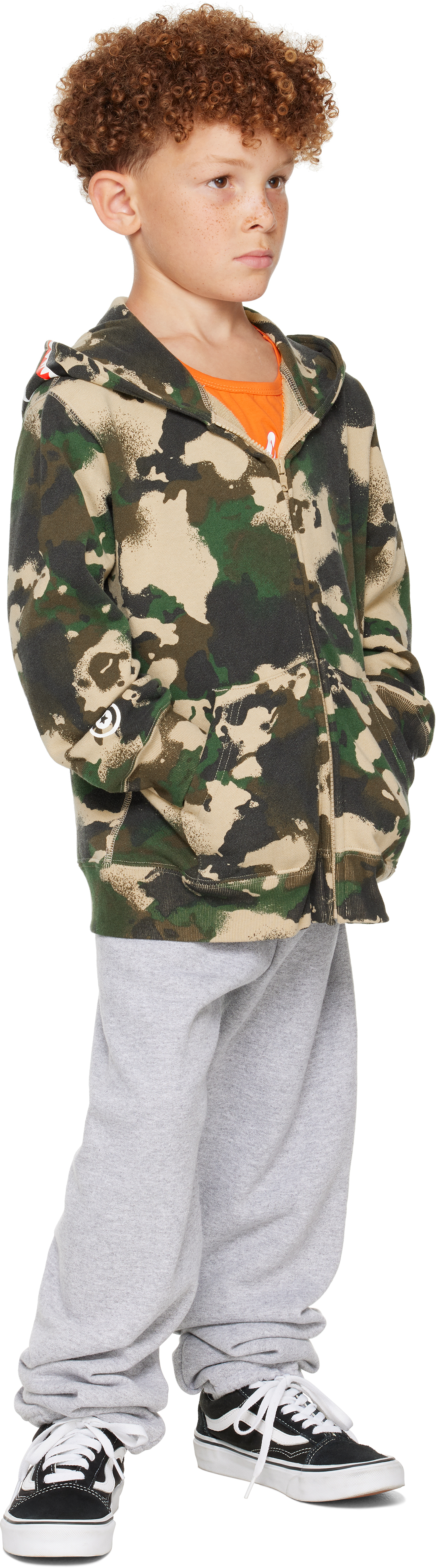 Bape Kids Khaki Map Camo Shark Zip Hoodie In Green