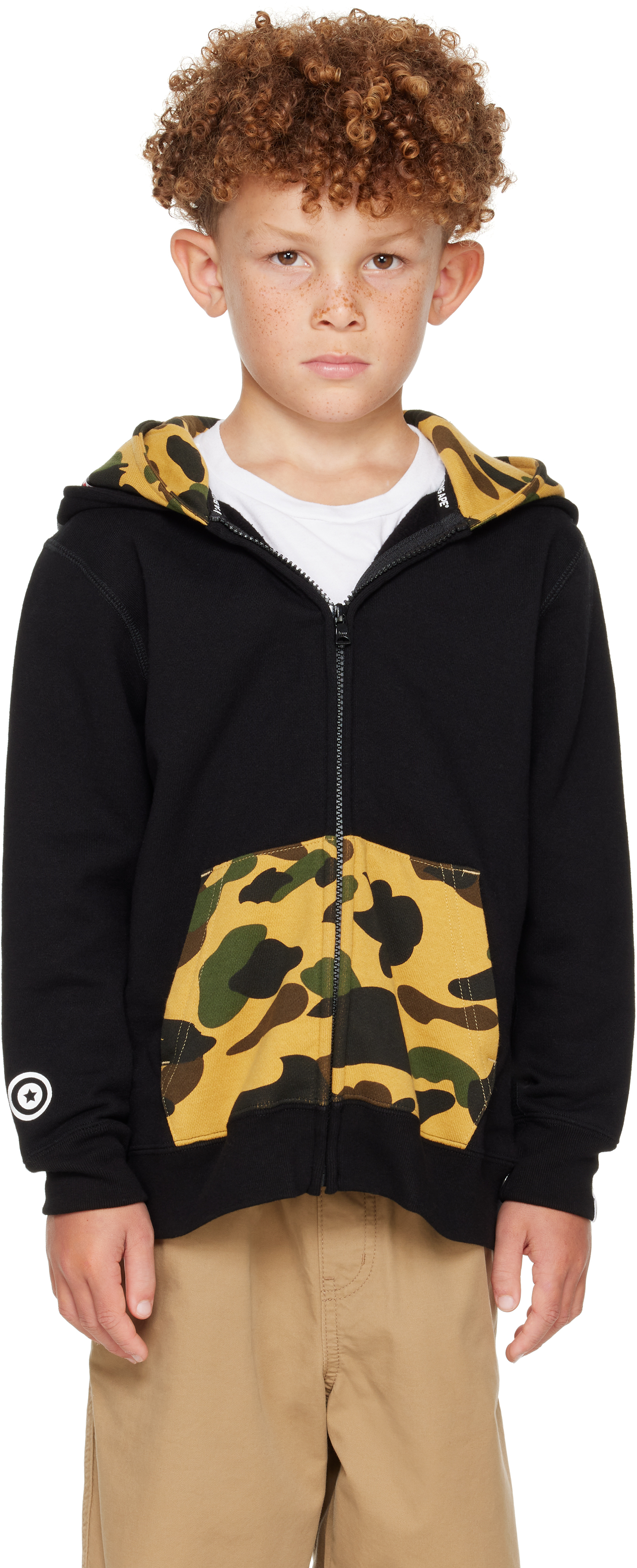 Bape Kids Black 1st Camo Shark Full Zip Double Hoodie In Black