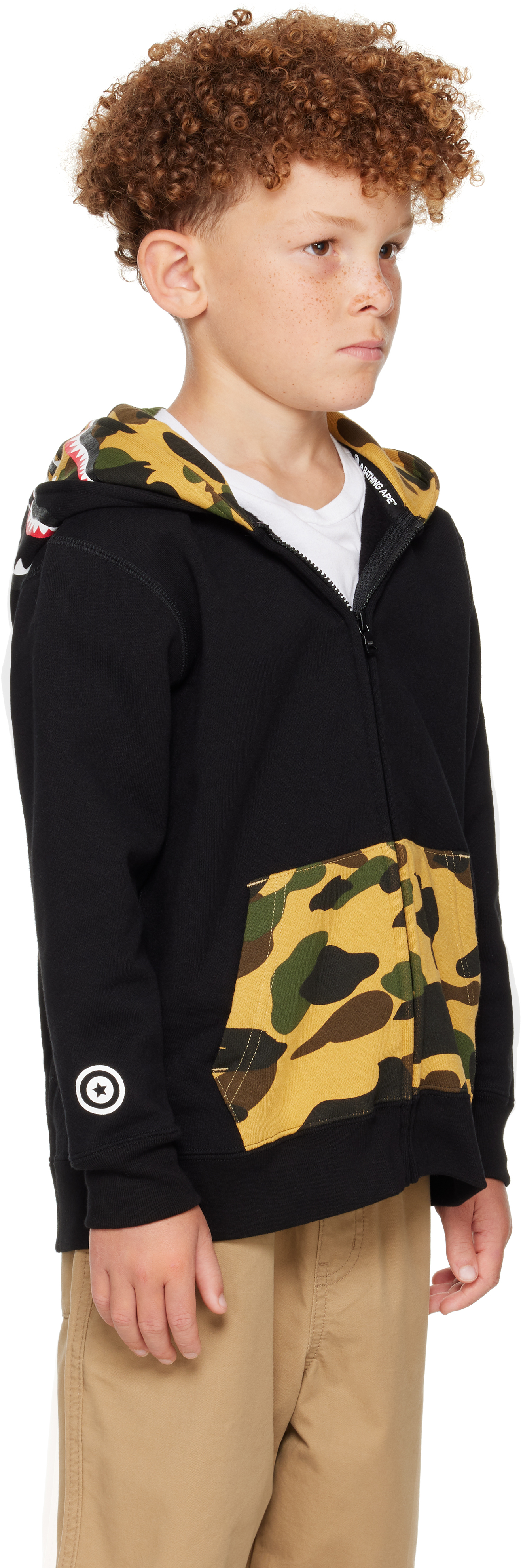 Bape Kids Black 1st Camo Shark Full Zip Double Hoodie In Black