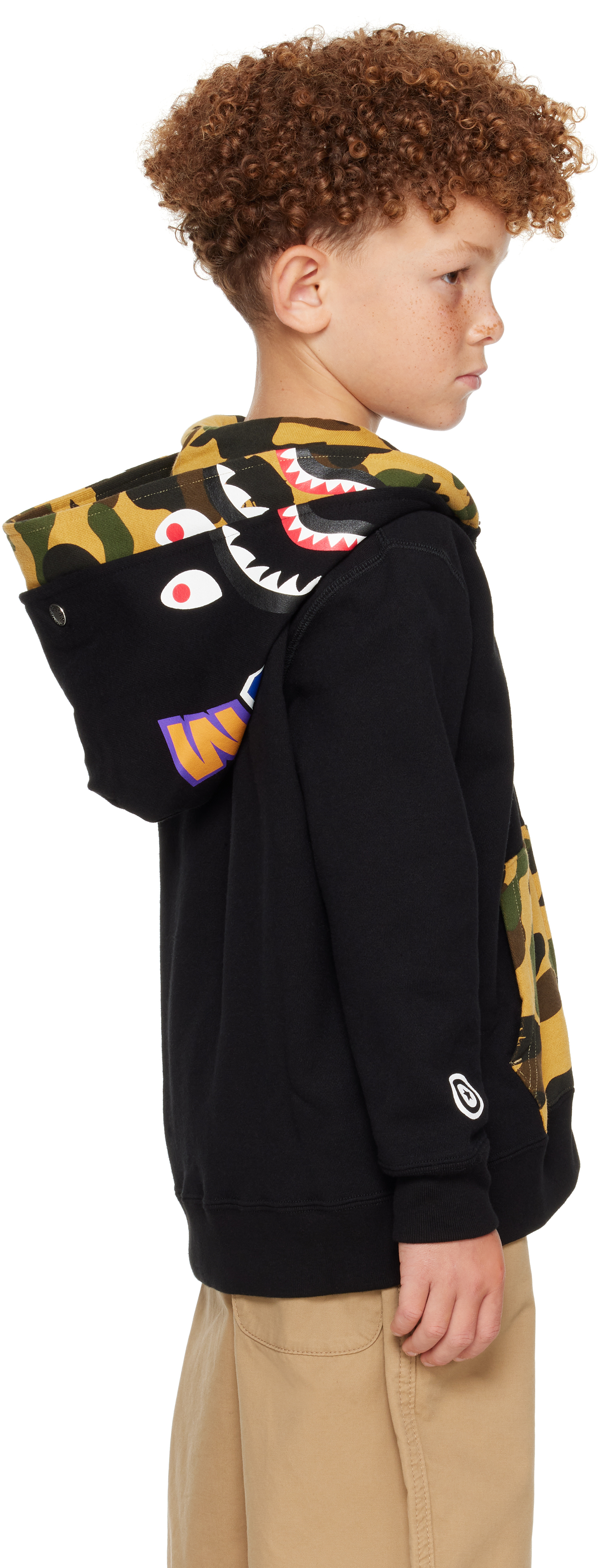 Bape Kids Black 1st Camo Shark Full Zip Double Hoodie In Black