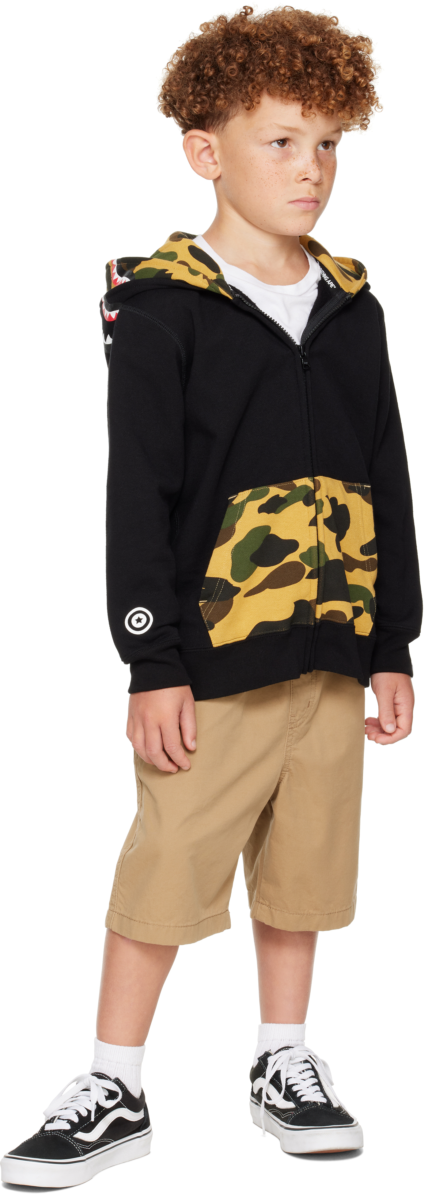Bape Kids Black 1st Camo Shark Full Zip Double Hoodie In Black