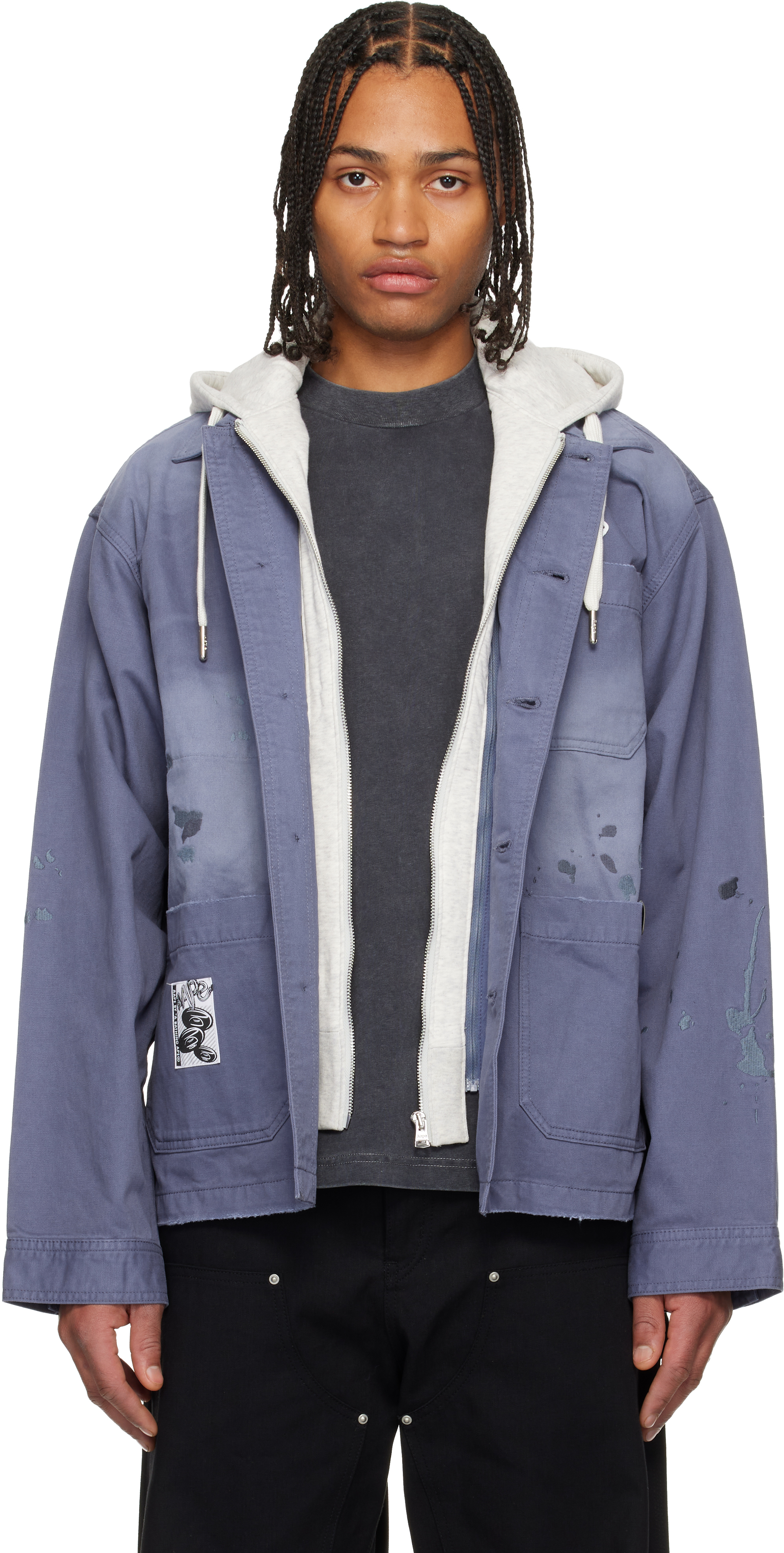 Blue Hooded Button Down Jacket by AAPE by A Bathing Ape on Sale