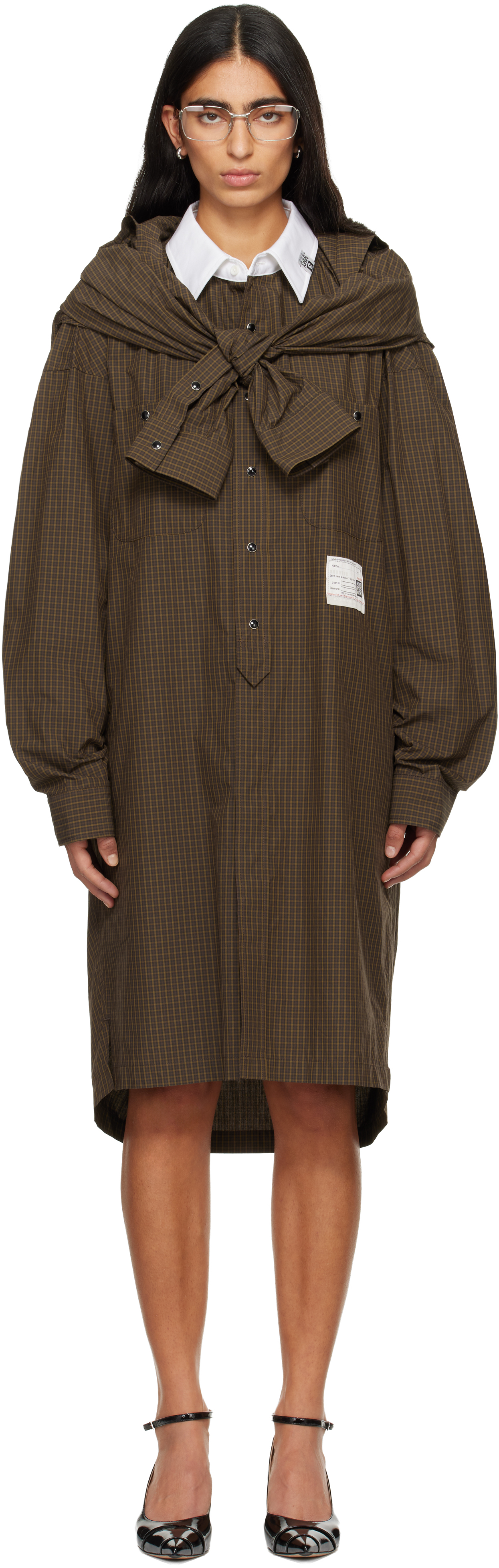 Brown Sleeve Layered Check Shirt Midi Dress by Maison MIHARA YASUHIRO on  Sale