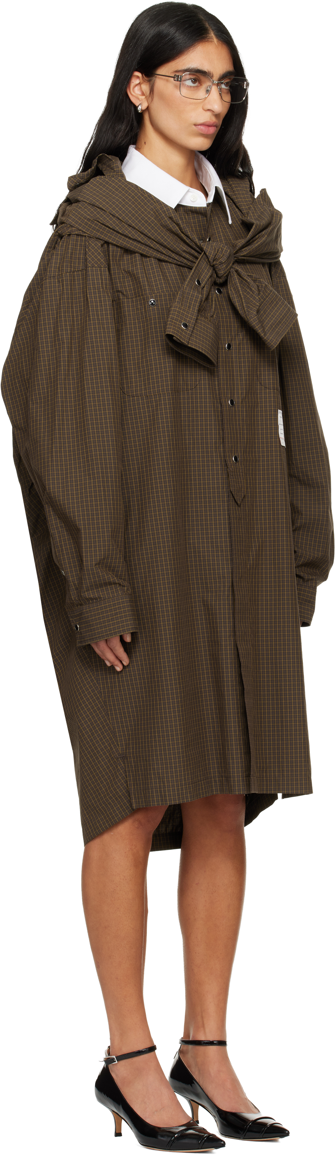 Miharayasuhiro Brown Sleeve Layered Check Shirt Midi Dress In Brown