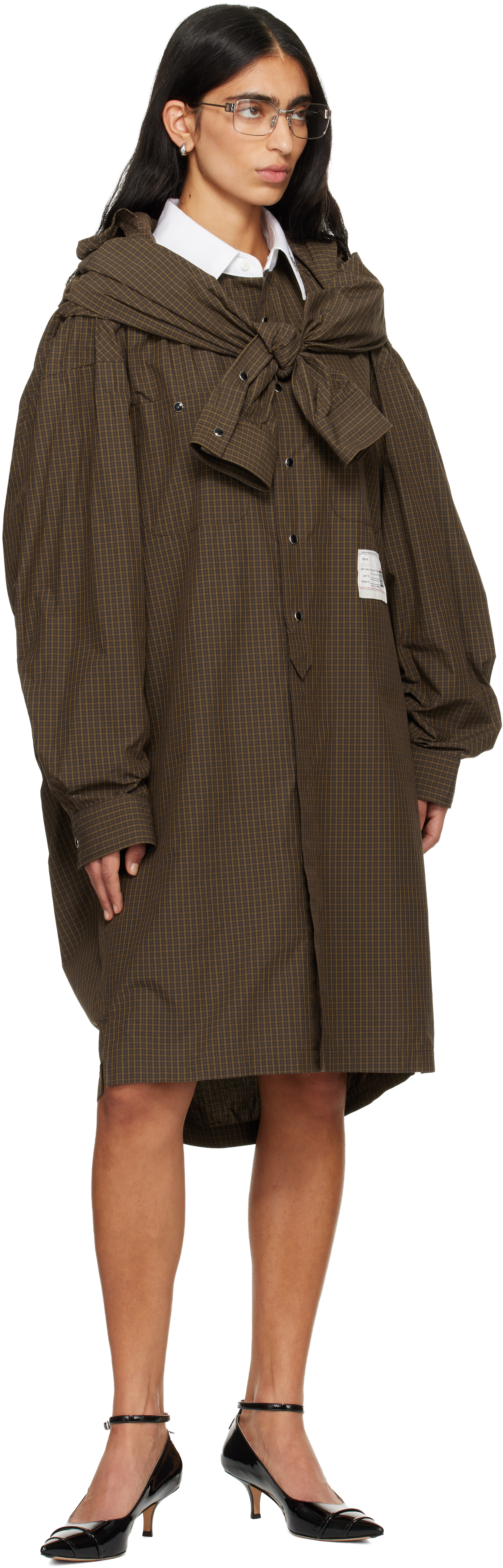 Miharayasuhiro Brown Sleeve Layered Check Shirt Midi Dress In Brown