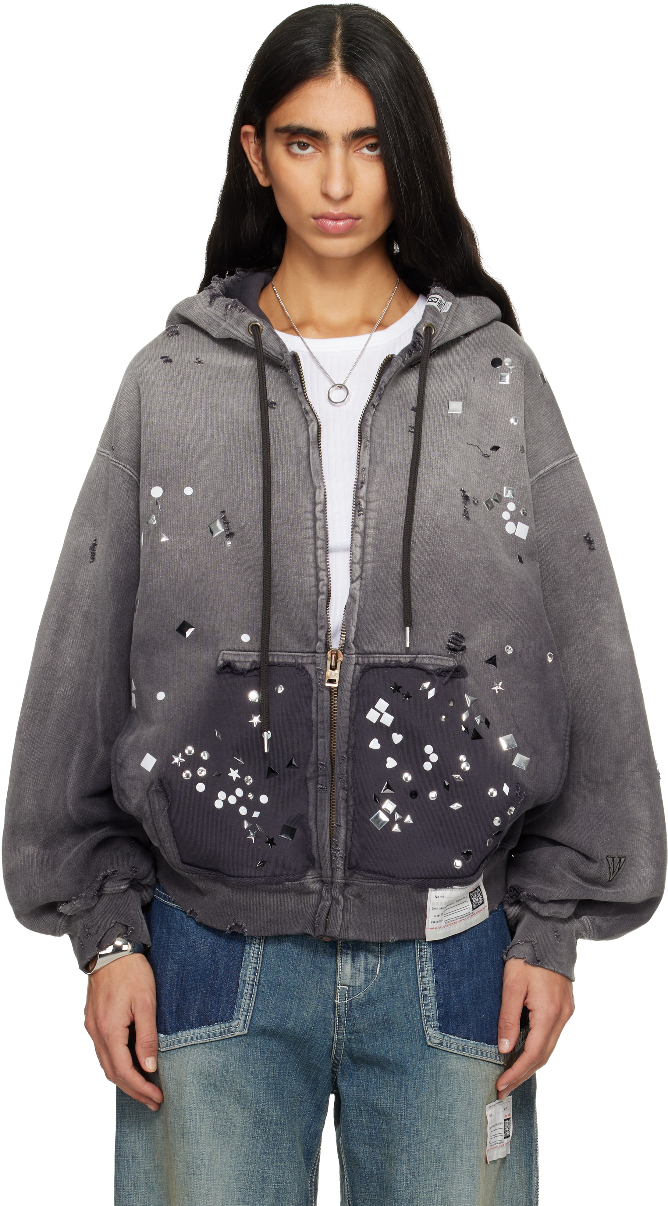 Black Sun Faded Like Embellished Zip-up Hoodie by Maison MIHARA