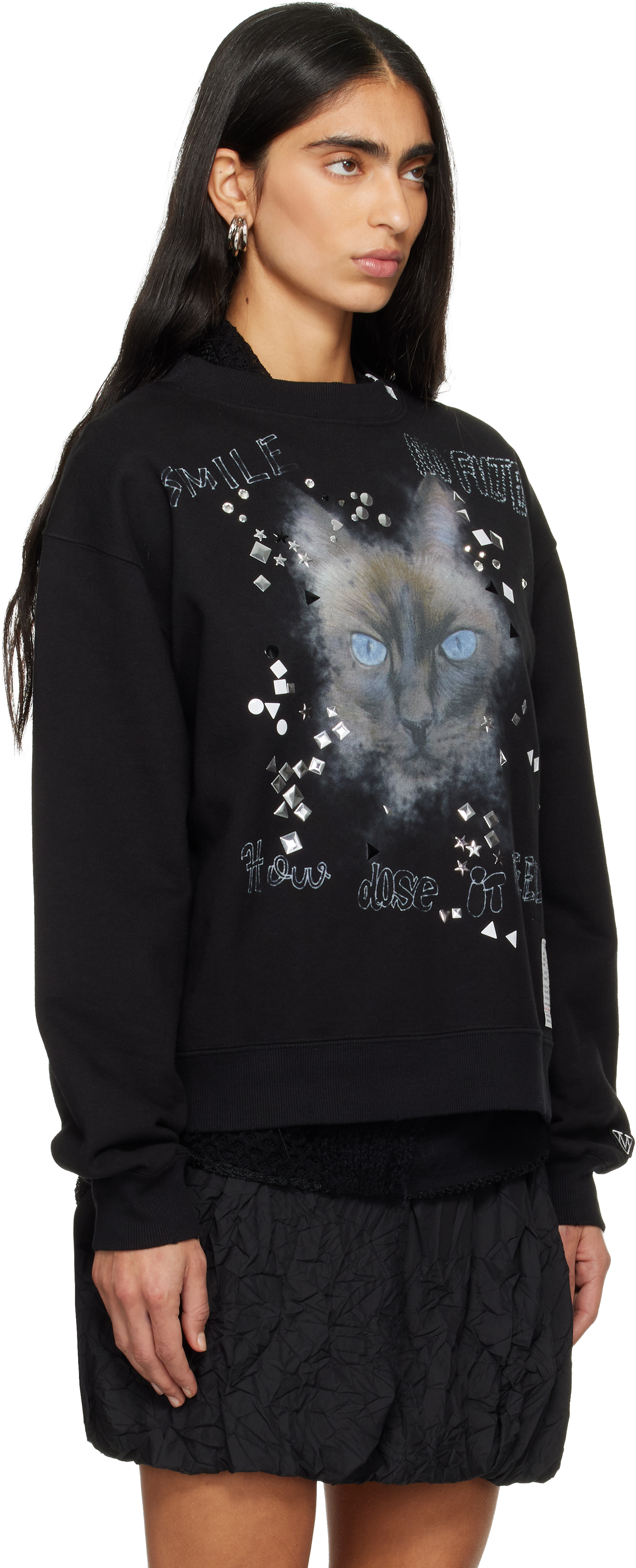 Miharayasuhiro Black Cat Printed Embellished Distressed Sweatshirt In Multi