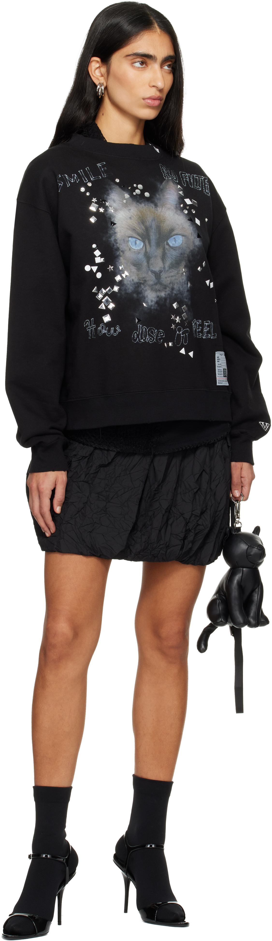 Miharayasuhiro Black Cat Printed Embellished Distressed Sweatshirt In Multi