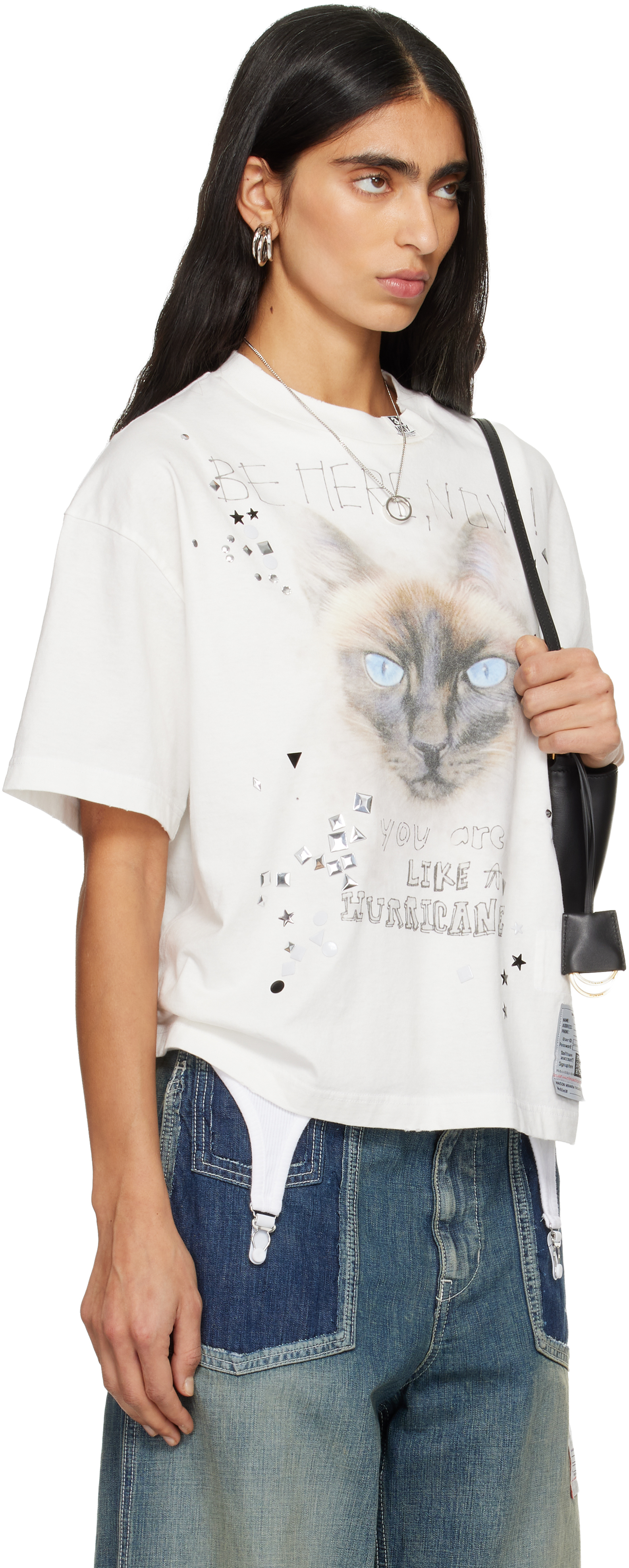 Miharayasuhiro White Cat Printed Embellished Distressed T-shirt In White
