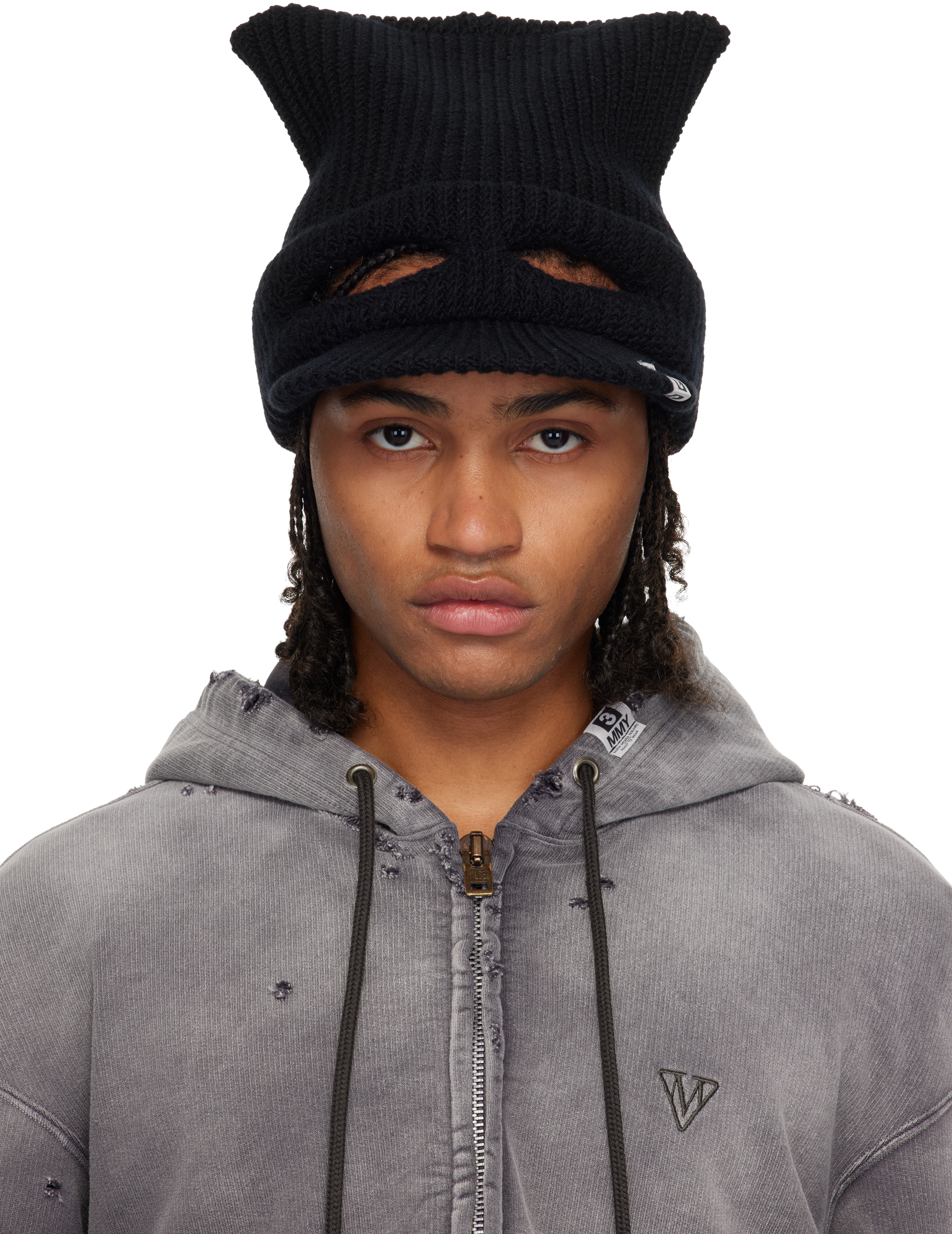 Black Masked Cat Visor Knit Cap by Maison MIHARA YASUHIRO on Sale