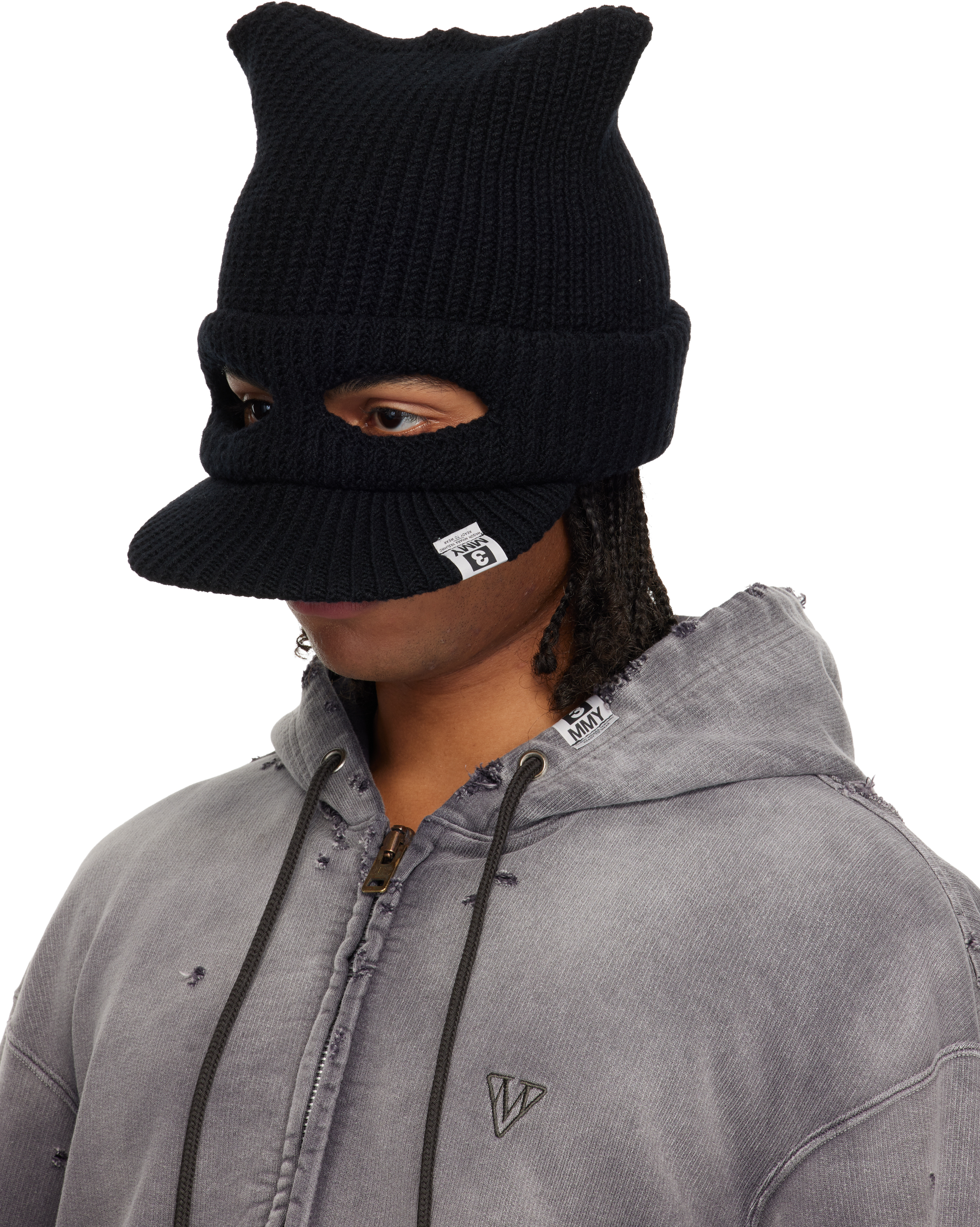 Miharayasuhiro Black Masked Cat Visor Knit Cap In Black