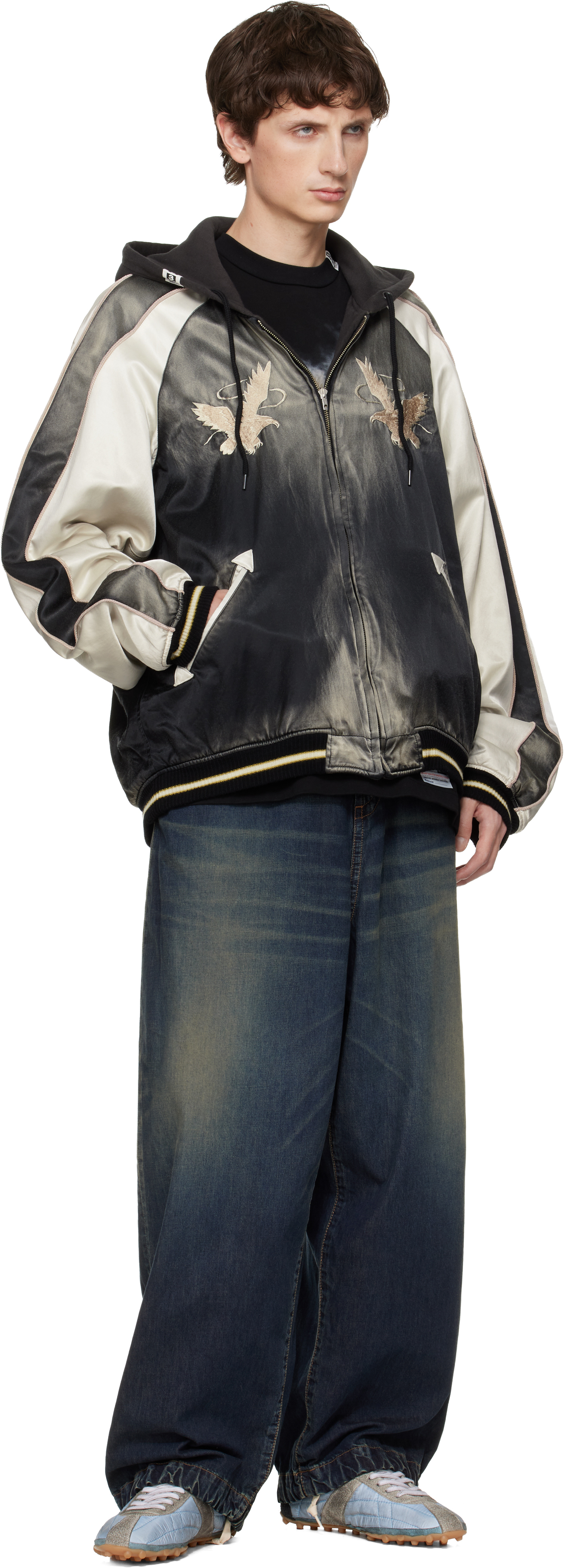 Miharayasuhiro Black Reversible Hoodie Layered Souvenir Jacket In Black