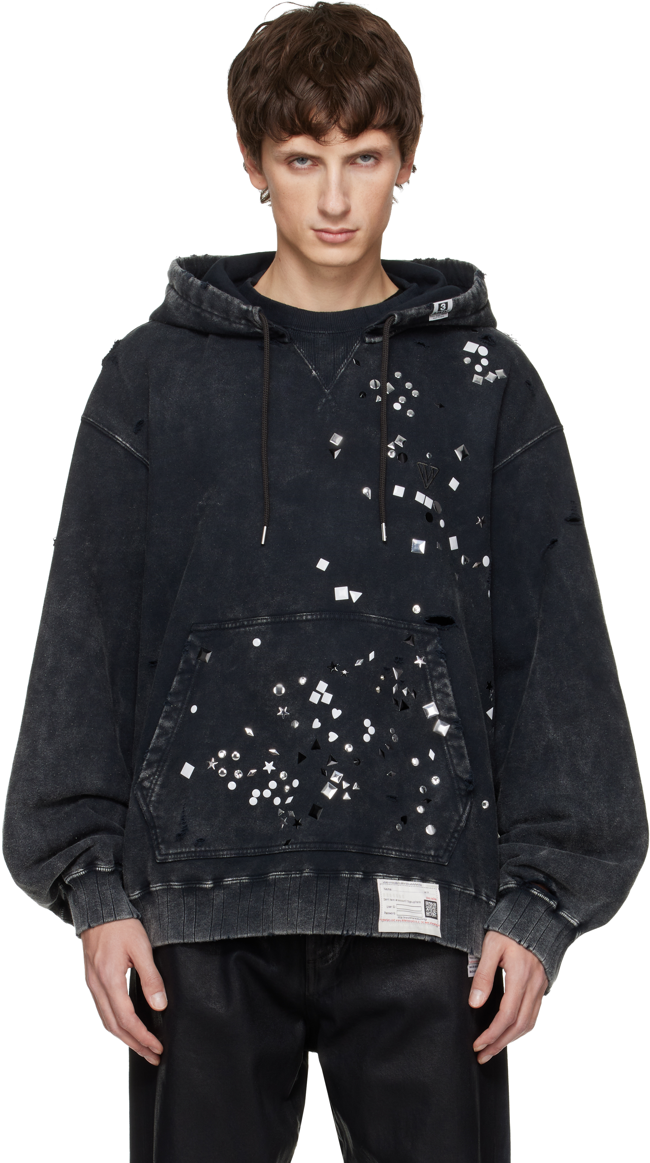 Miharayasuhiro Black Embellished Bleached Hoodie In Black
