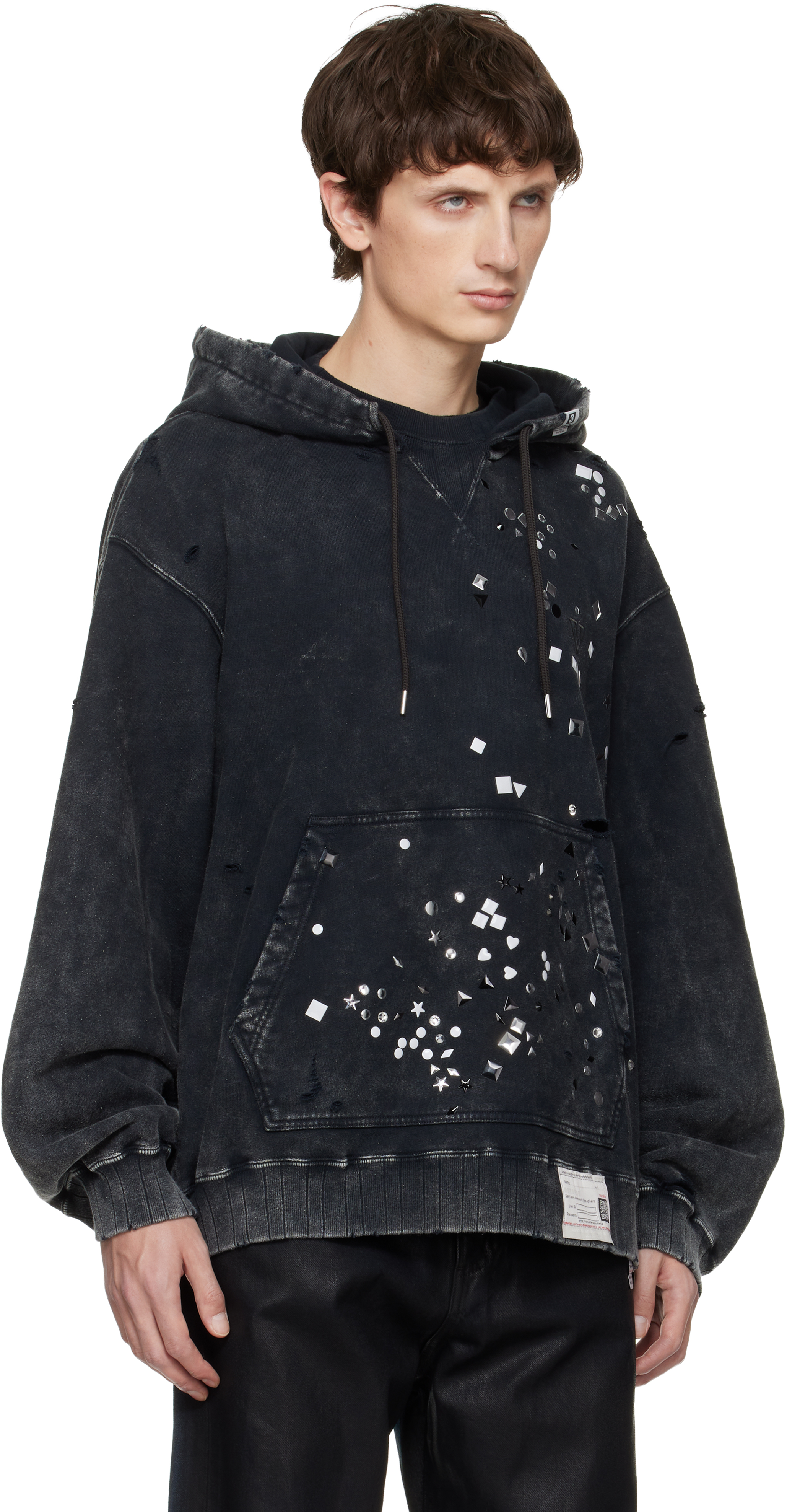 Miharayasuhiro Black Embellished Bleached Hoodie In Black