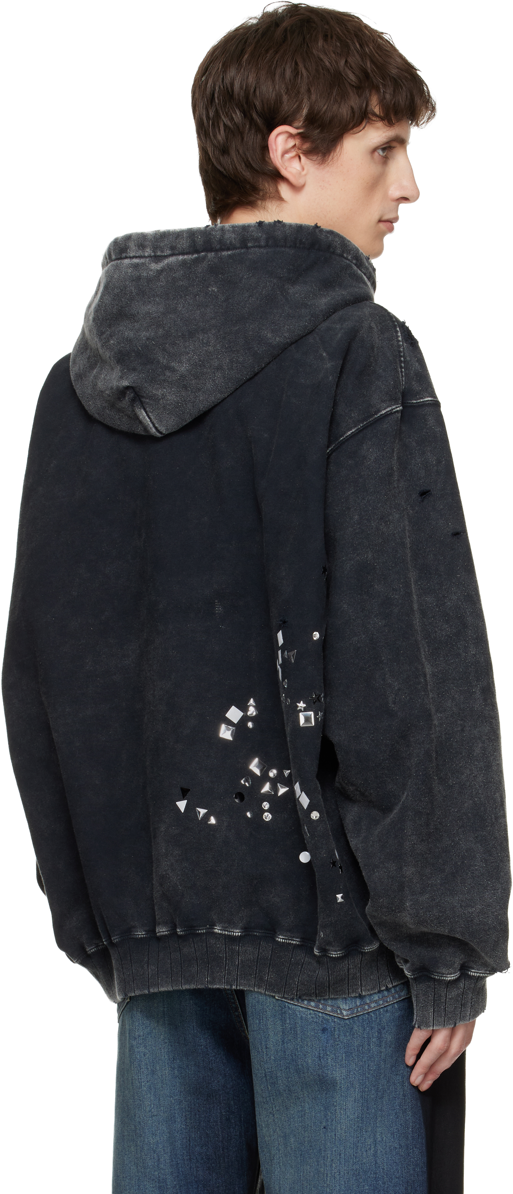 Miharayasuhiro Black Embellished Bleached Hoodie In Black