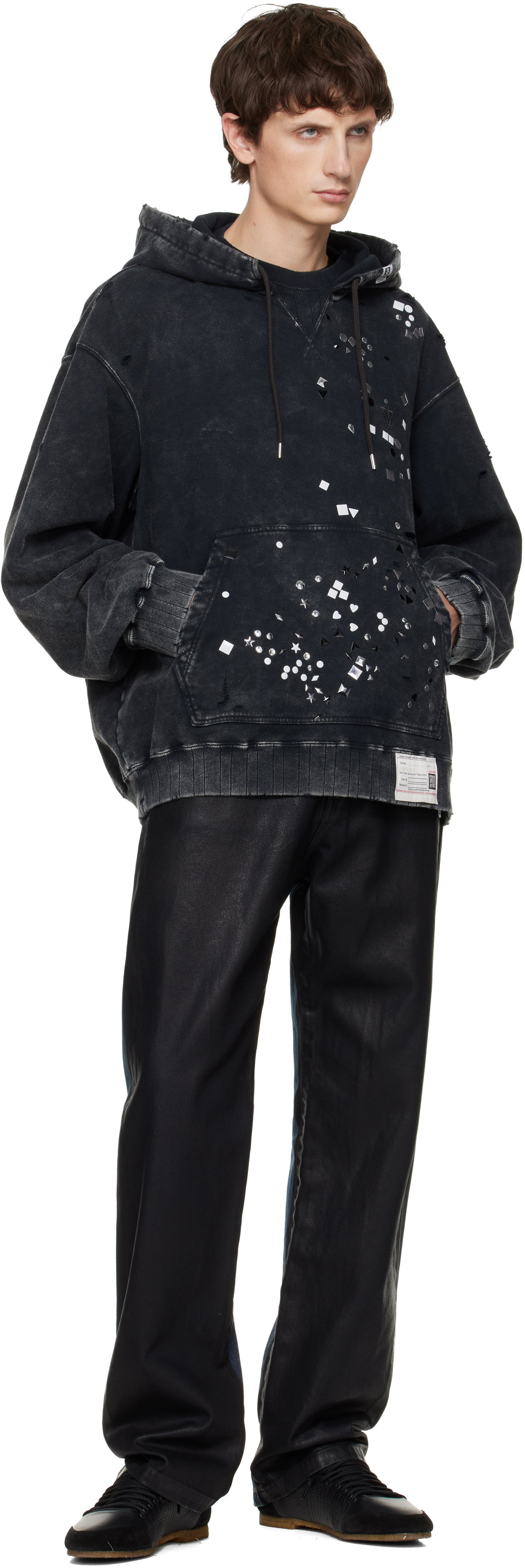 Miharayasuhiro Black Embellished Bleached Hoodie In Black