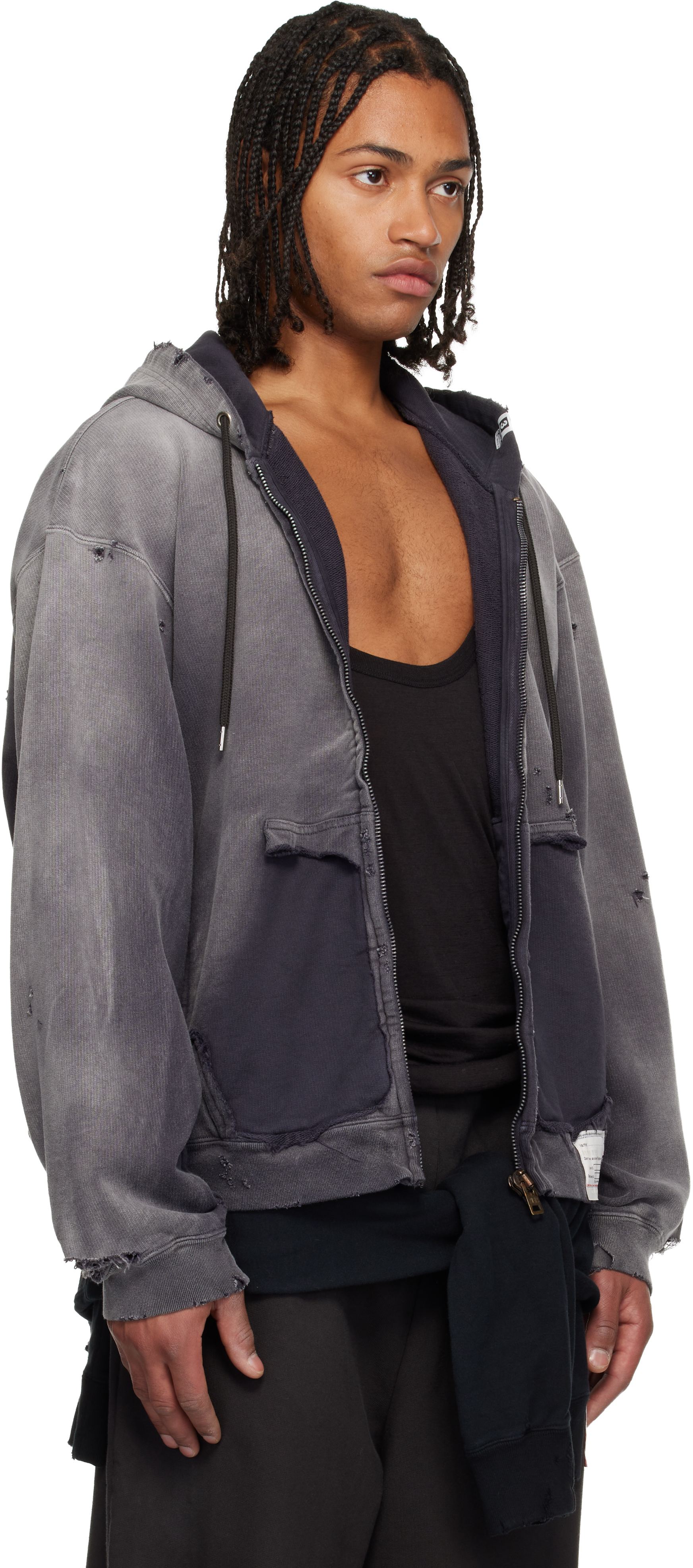 Miharayasuhiro Hooded Sweatshirt With Distressed Finish And Front Pockets In Purple