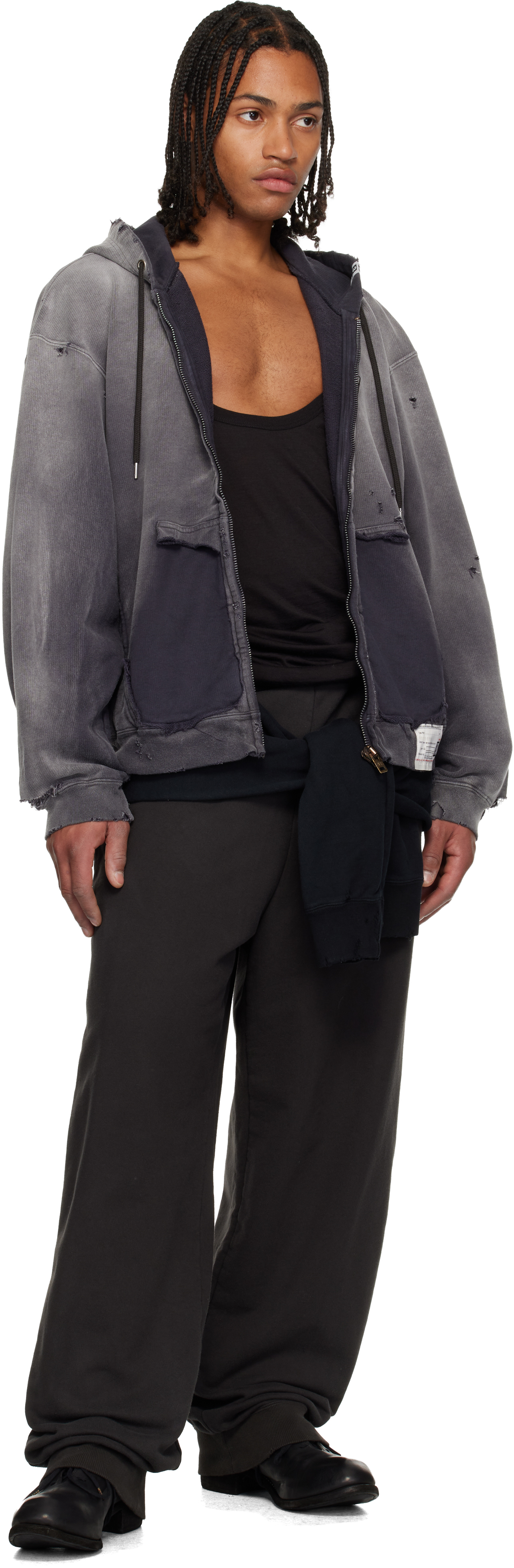 Miharayasuhiro Hooded Sweatshirt With Distressed Finish And Front Pockets In Purple