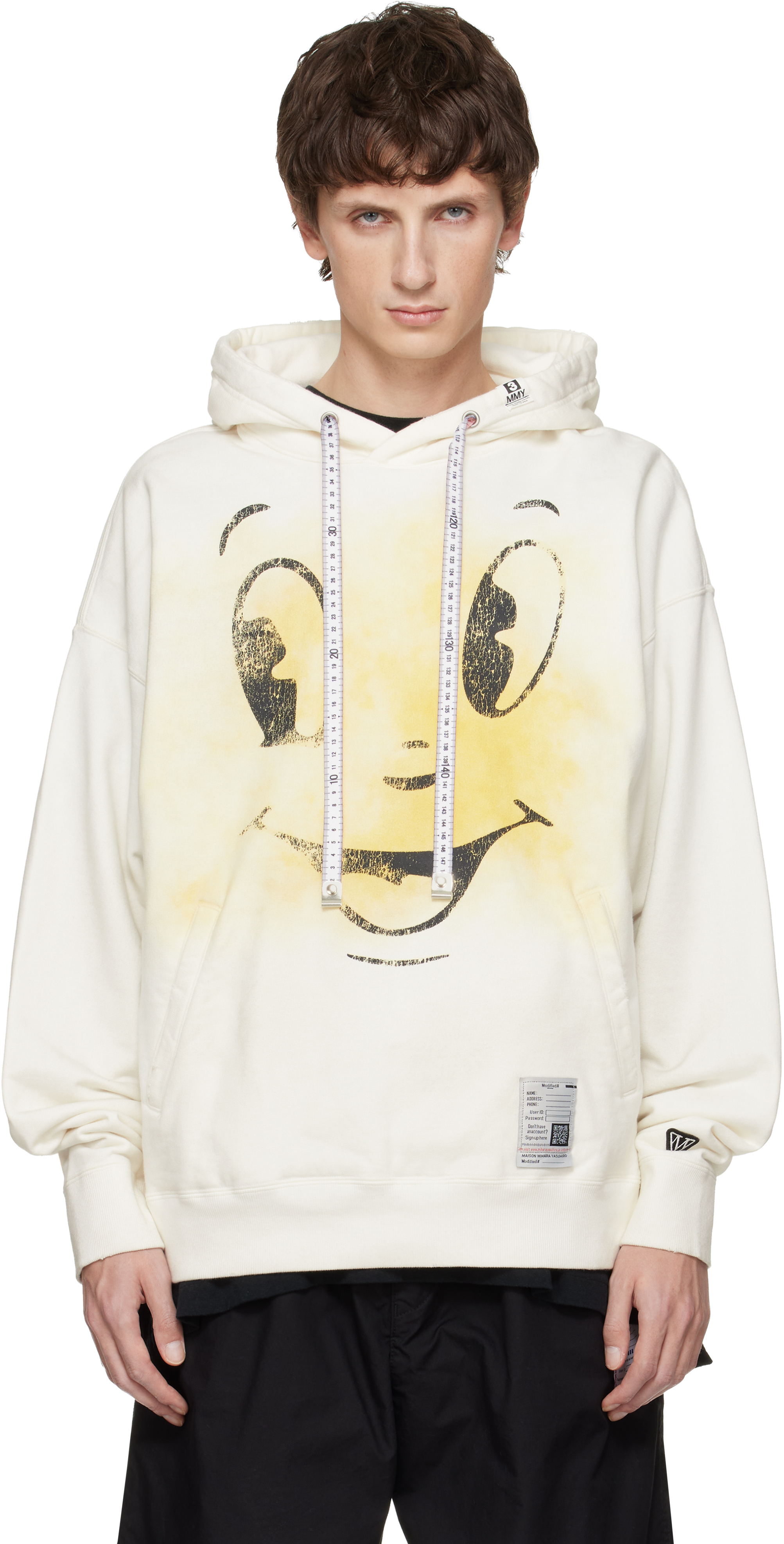 White Happy Face Printed Distressed Hoodie by Maison MIHARA
