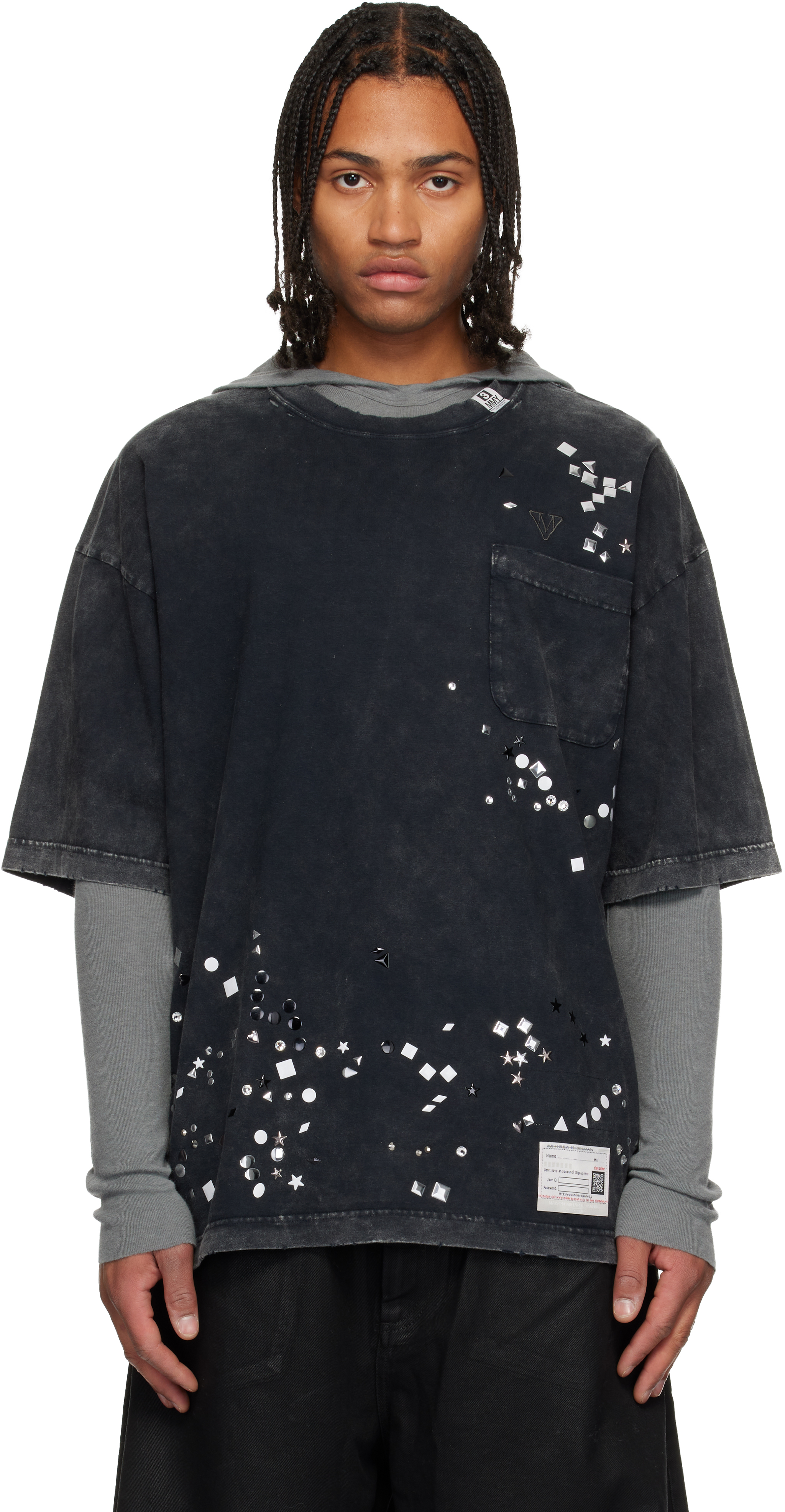 Miharayasuhiro Black Embellished Bleached T-shirt In Blue