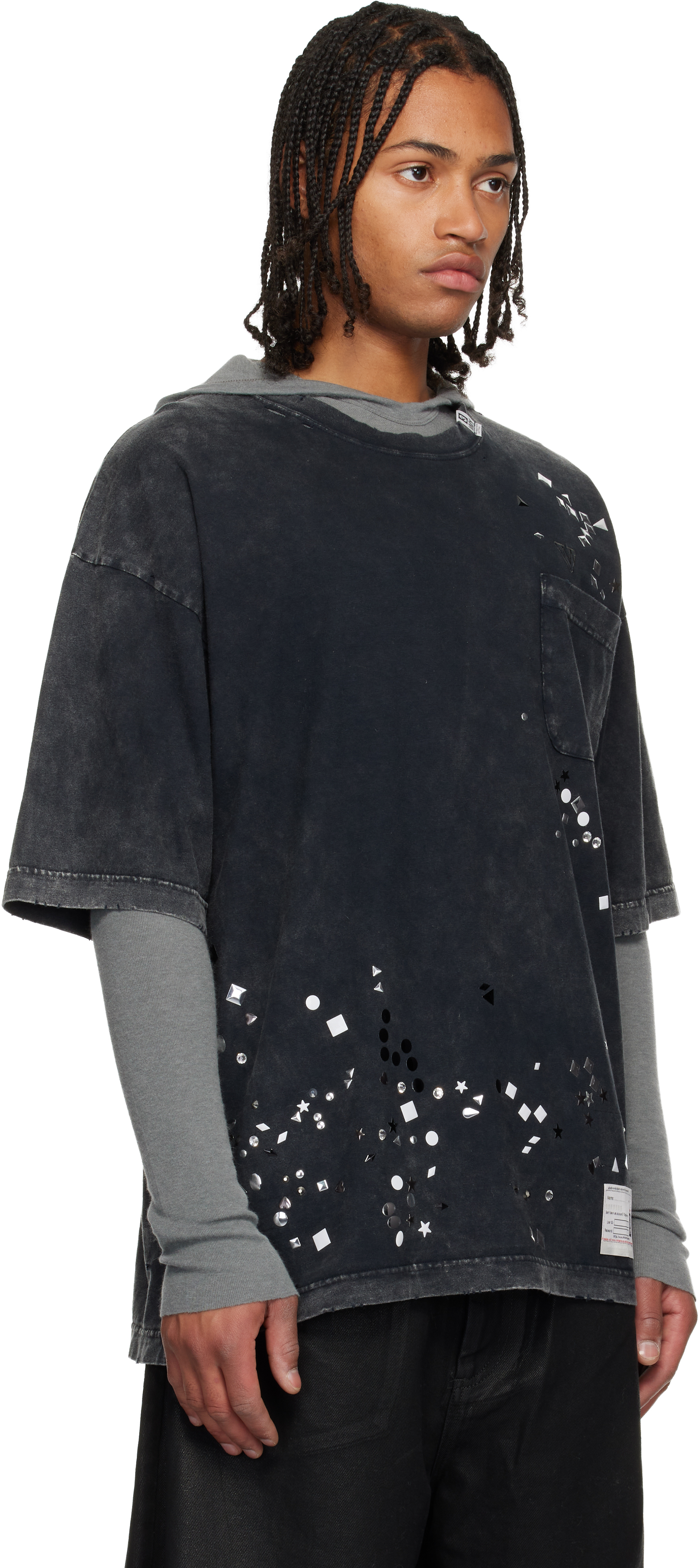 Miharayasuhiro Black Embellished Bleached T-shirt In Blue