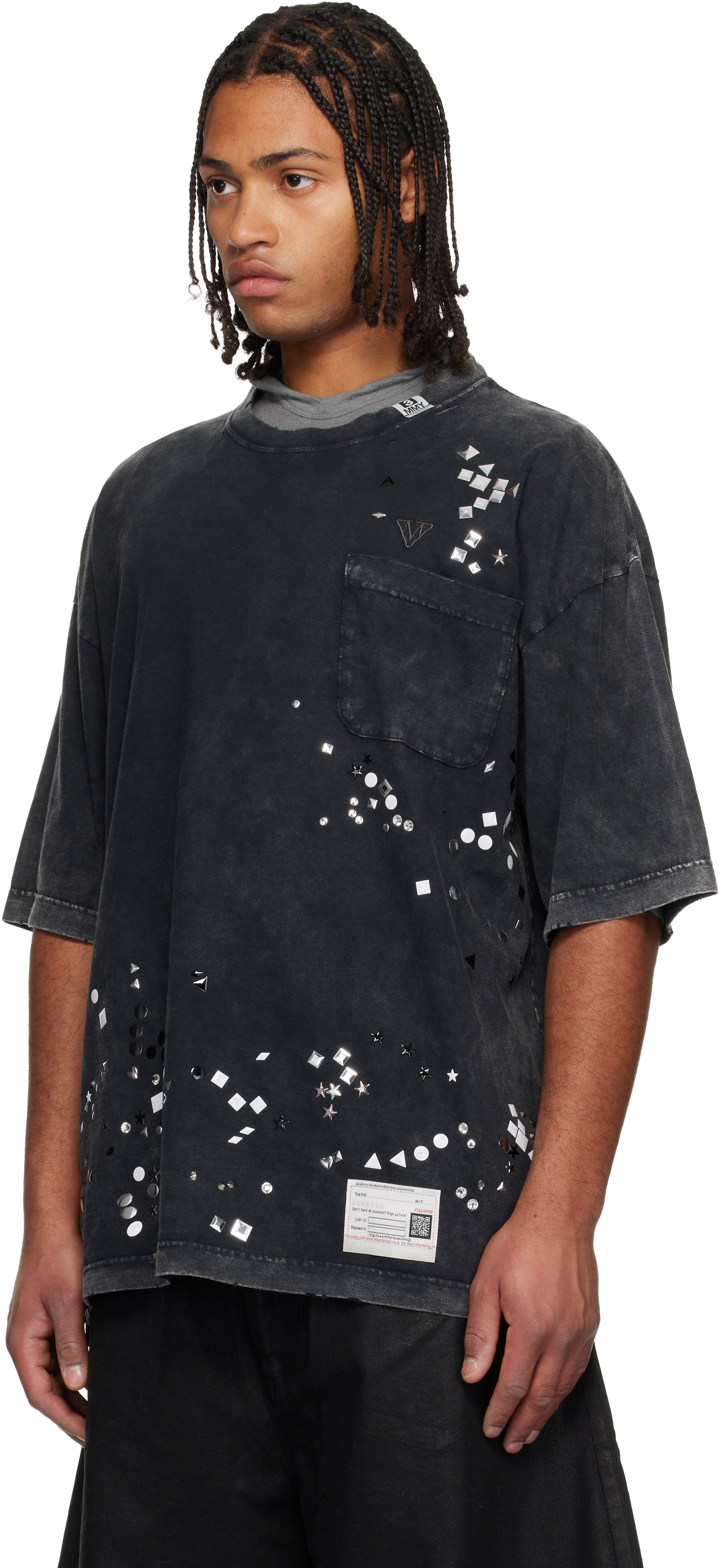 Miharayasuhiro Black Embellished Bleached T-shirt In Blue
