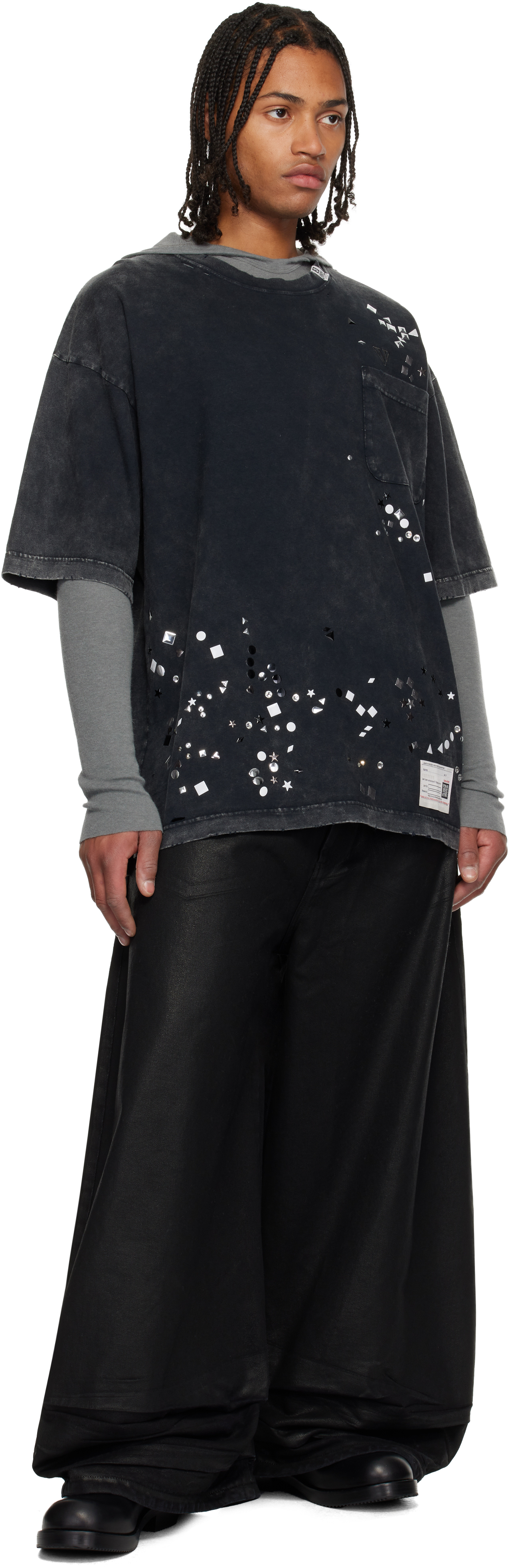 Miharayasuhiro Black Embellished Bleached T-shirt In Blue