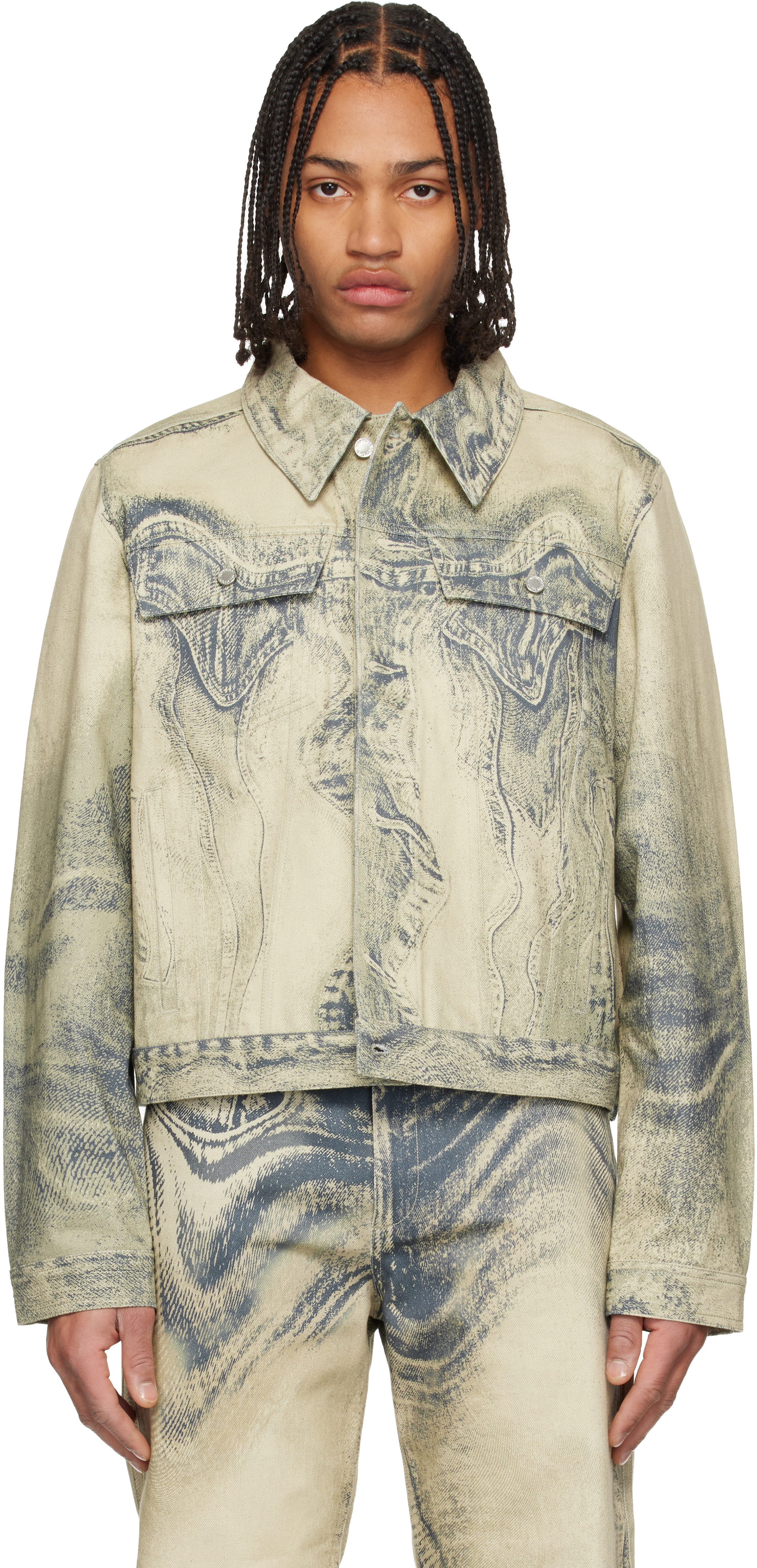 Camperlab Beige Distorted Print Denim Jacket In Yellow