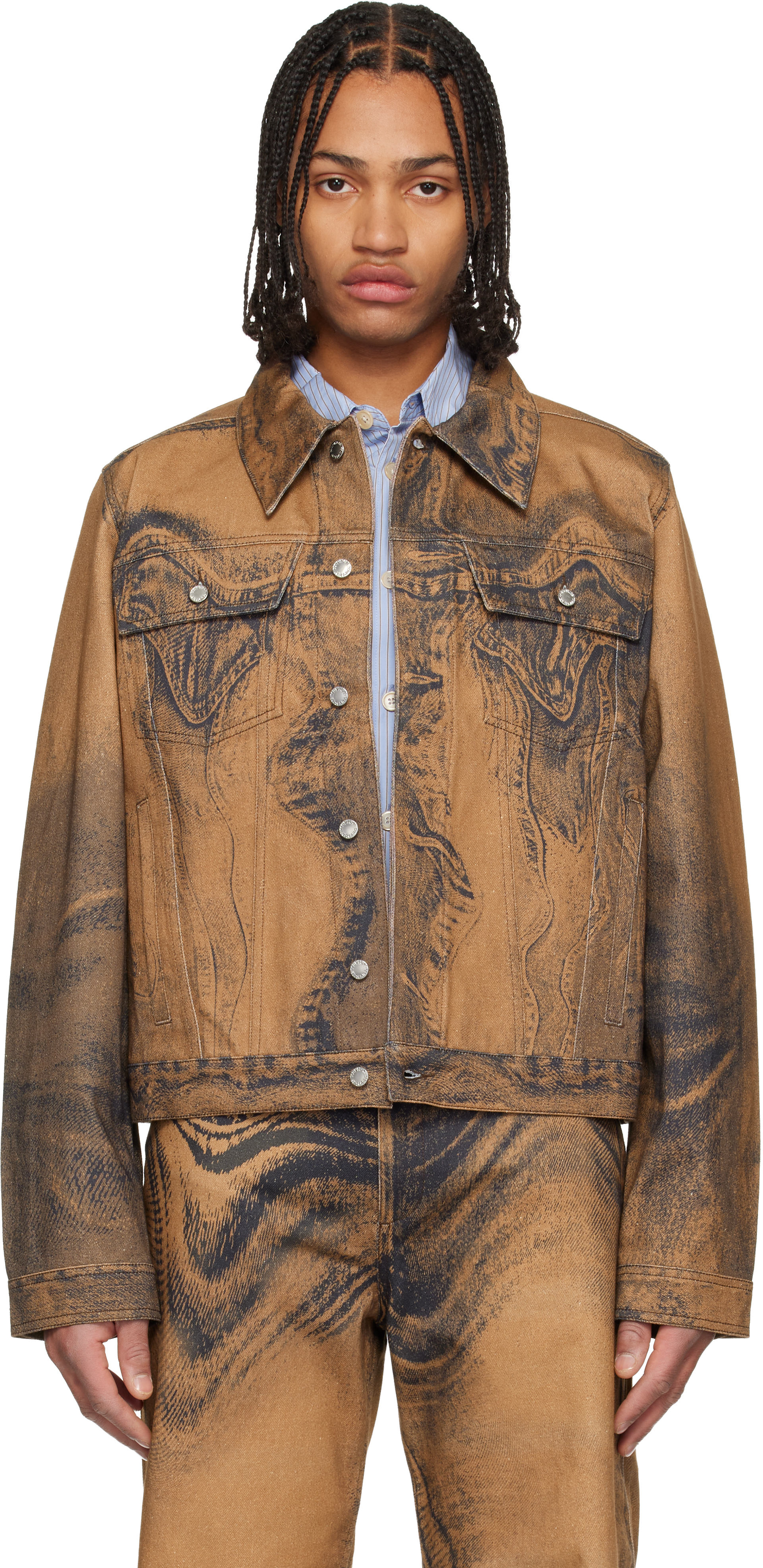 Camperlab Brown Distorted Print Denim Jacket In Multi
