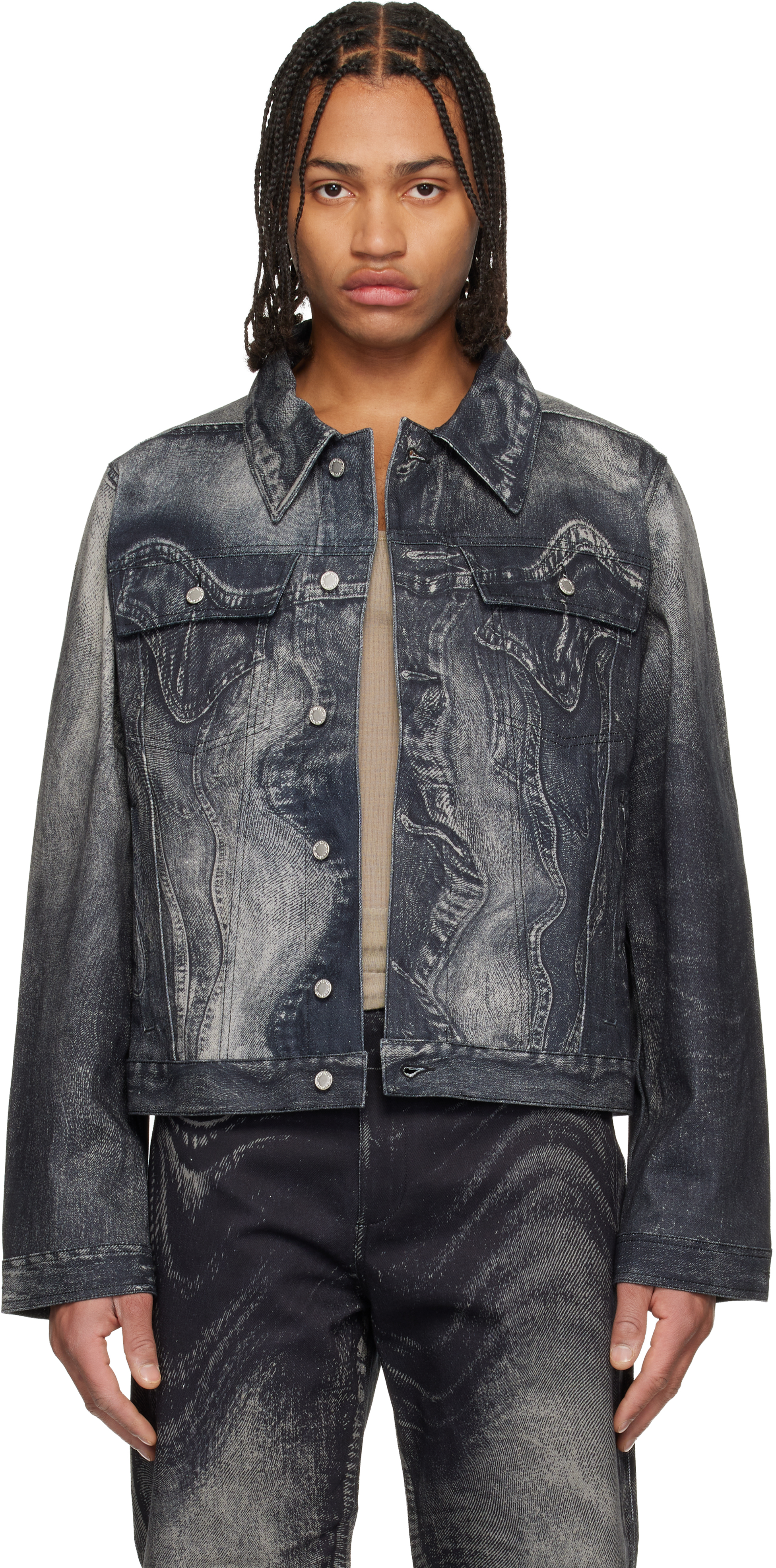 CAMPERLAB BLACK DISTORTED PRINT DENIM JACKET