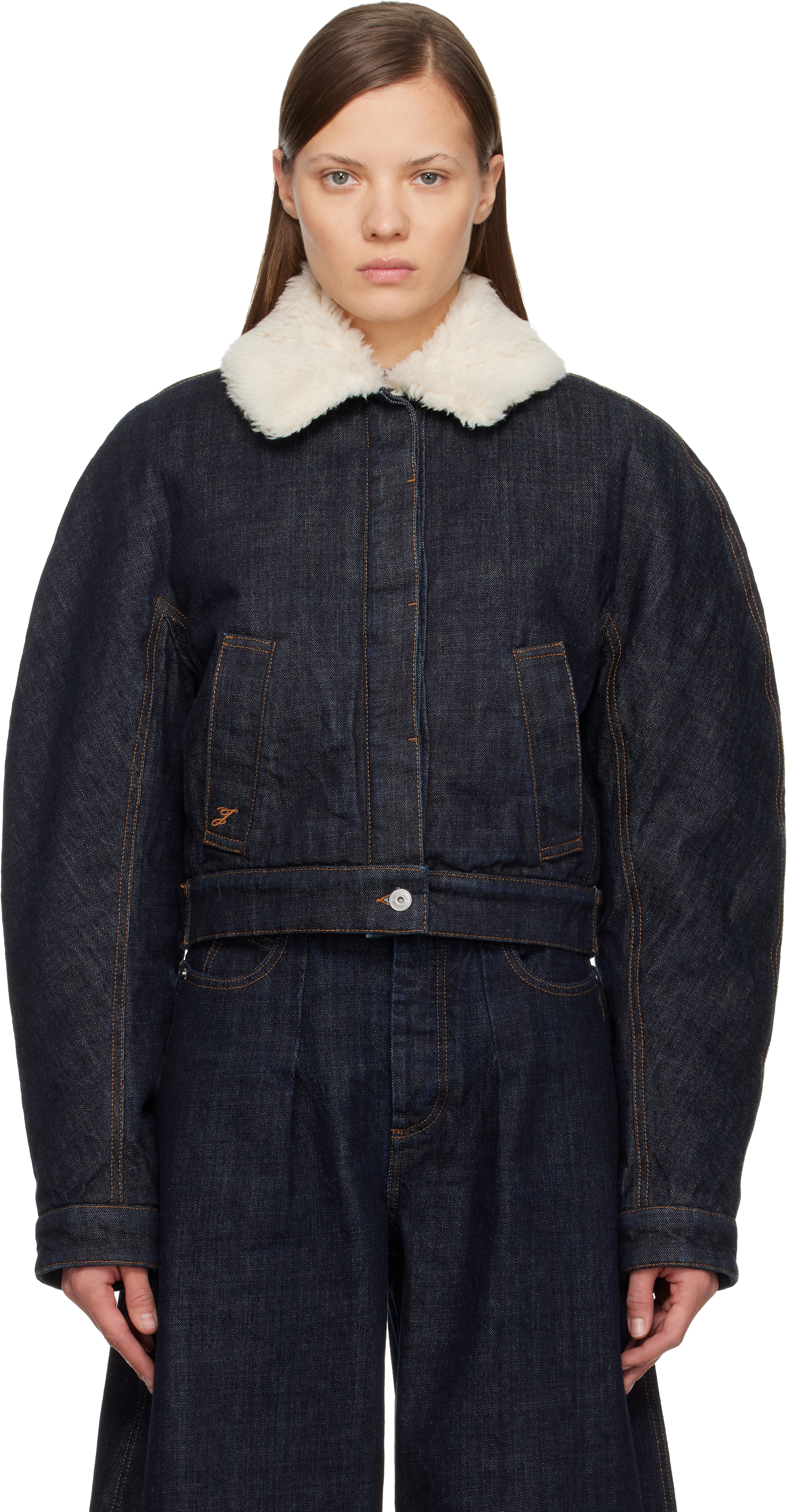 Jacquemus Le Bomber De-nimes Ovalo Blue Jacket With Fur Collar And Two Front Welt Pockets In Denim Woman In Blue