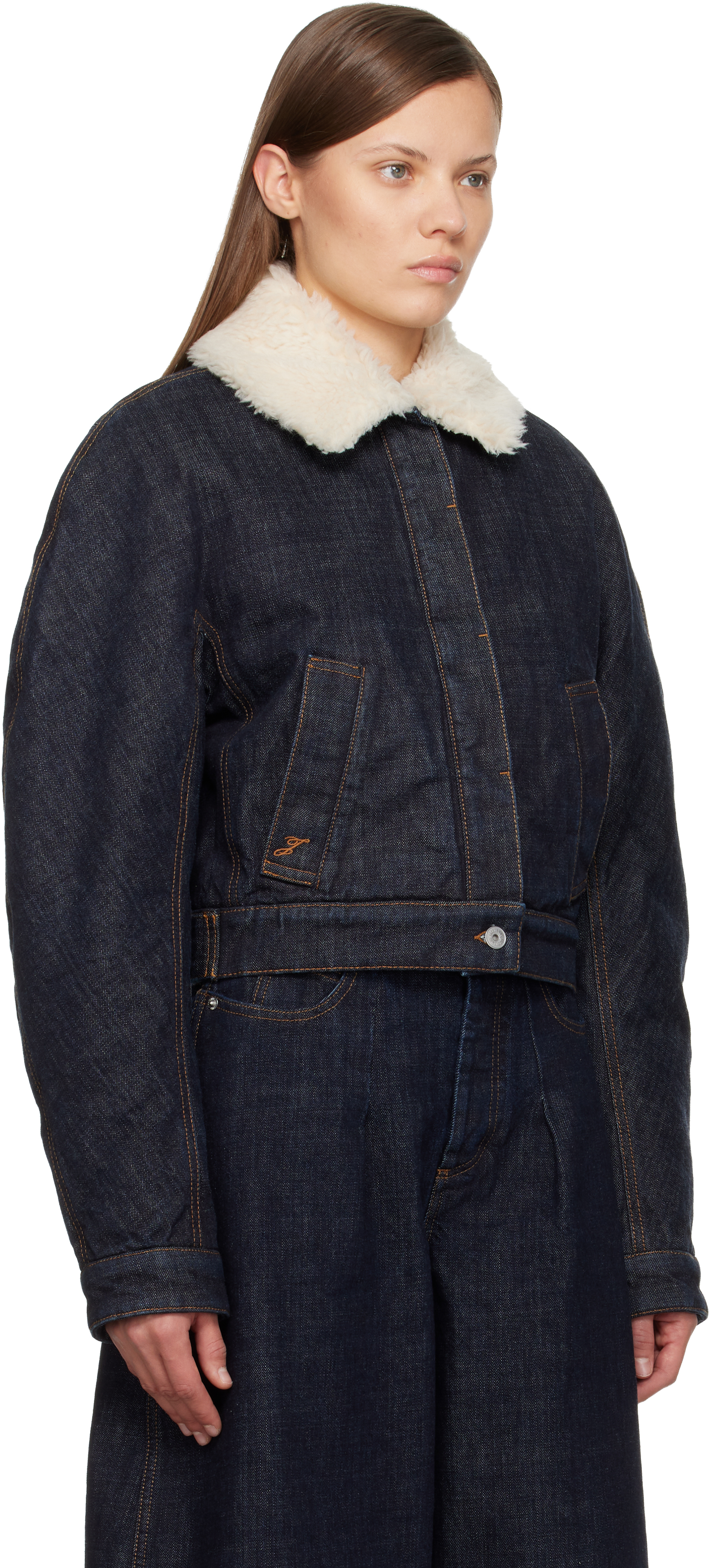 Jacquemus Le Bomber De-nimes Ovalo Blue Jacket With Fur Collar And Two Front Welt Pockets In Denim Woman In Blue