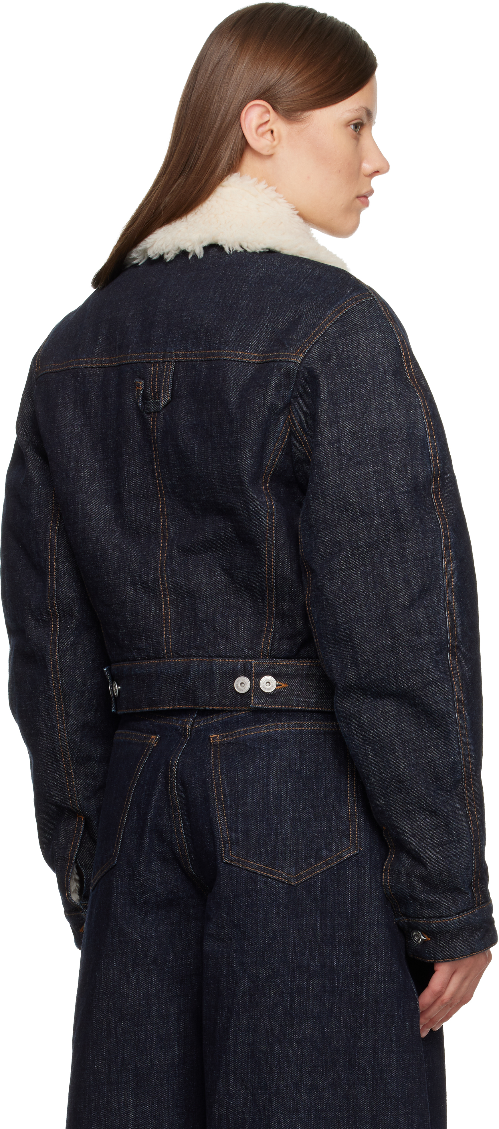 Jacquemus Le Bomber De-nimes Ovalo Blue Jacket With Fur Collar And Two Front Welt Pockets In Denim Woman In Blue