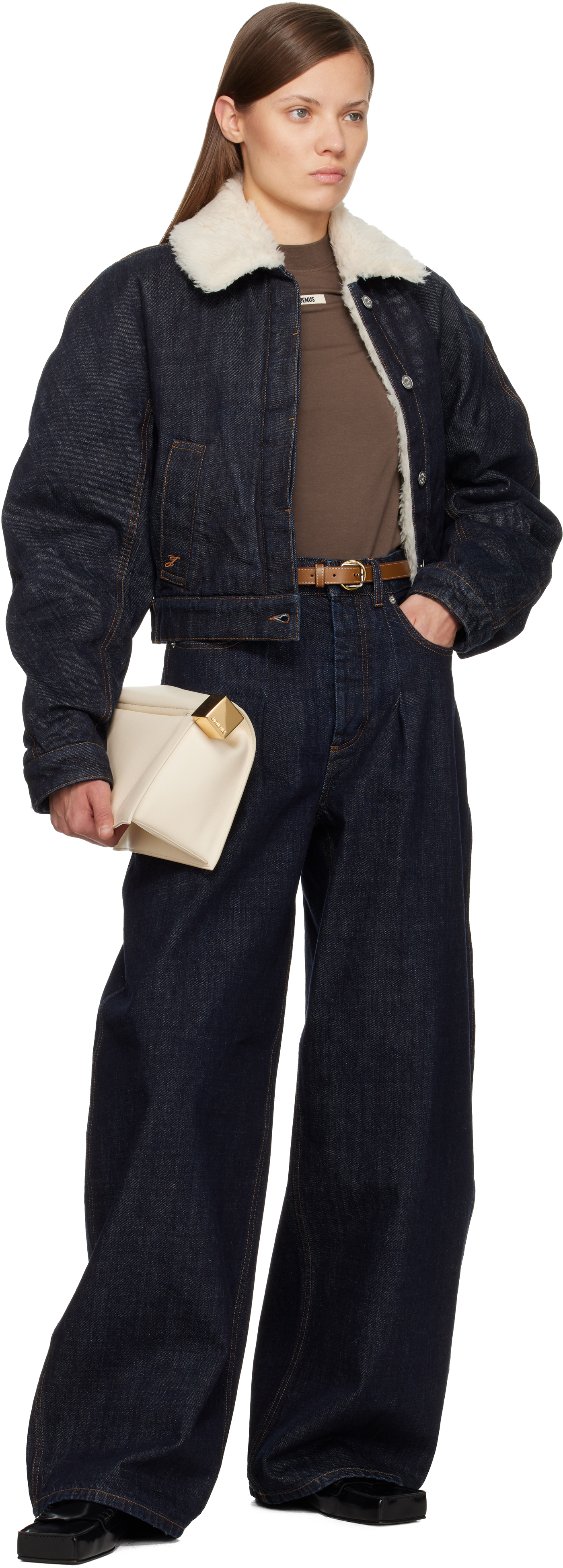 Jacquemus Le Bomber De-nimes Ovalo Blue Jacket With Fur Collar And Two Front Welt Pockets In Denim Woman In Blue