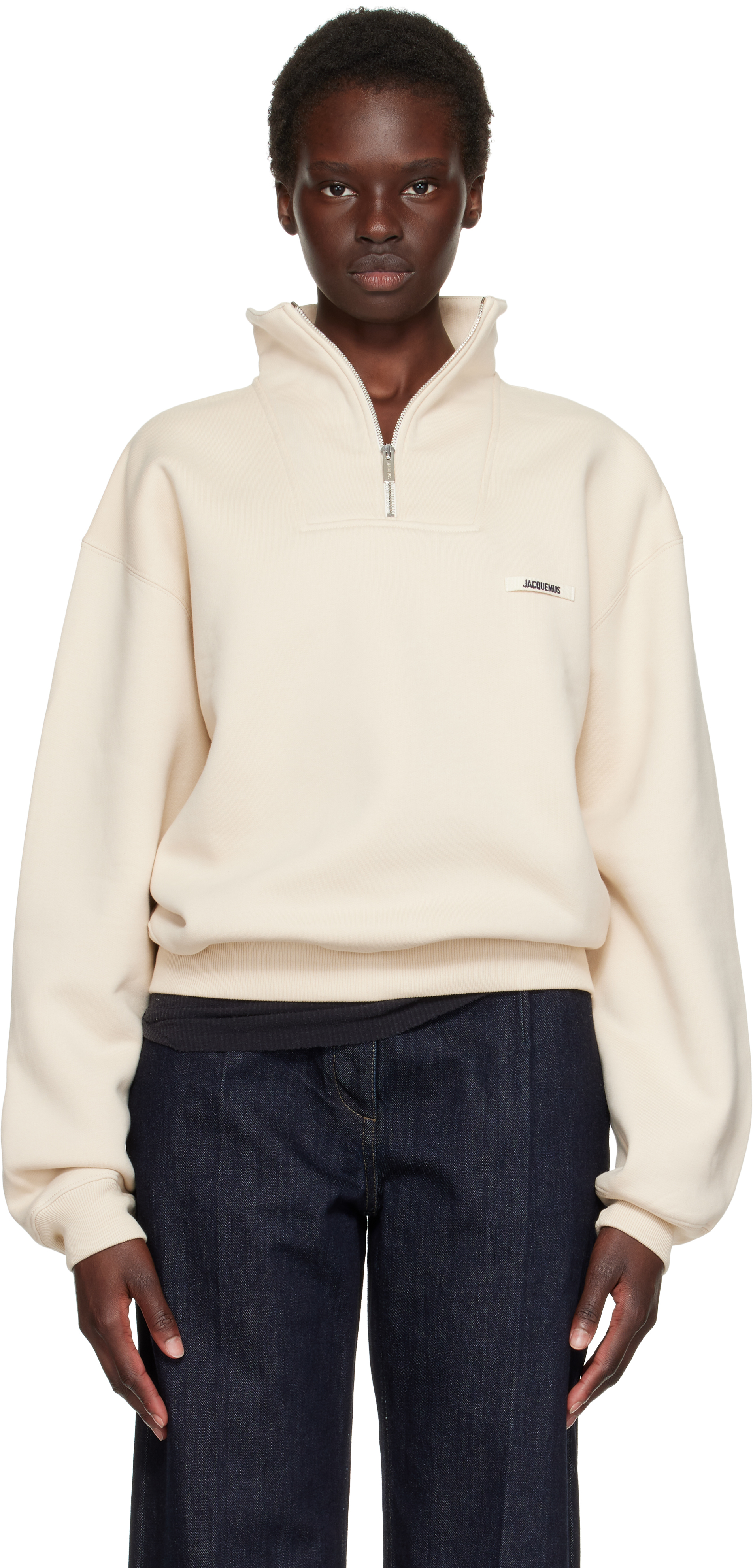 jacquemus beigeワンピース JACQUEMUS: Beige 'The Gros Grain' Zipped-Rollneck Sweatshirt | SSENSE